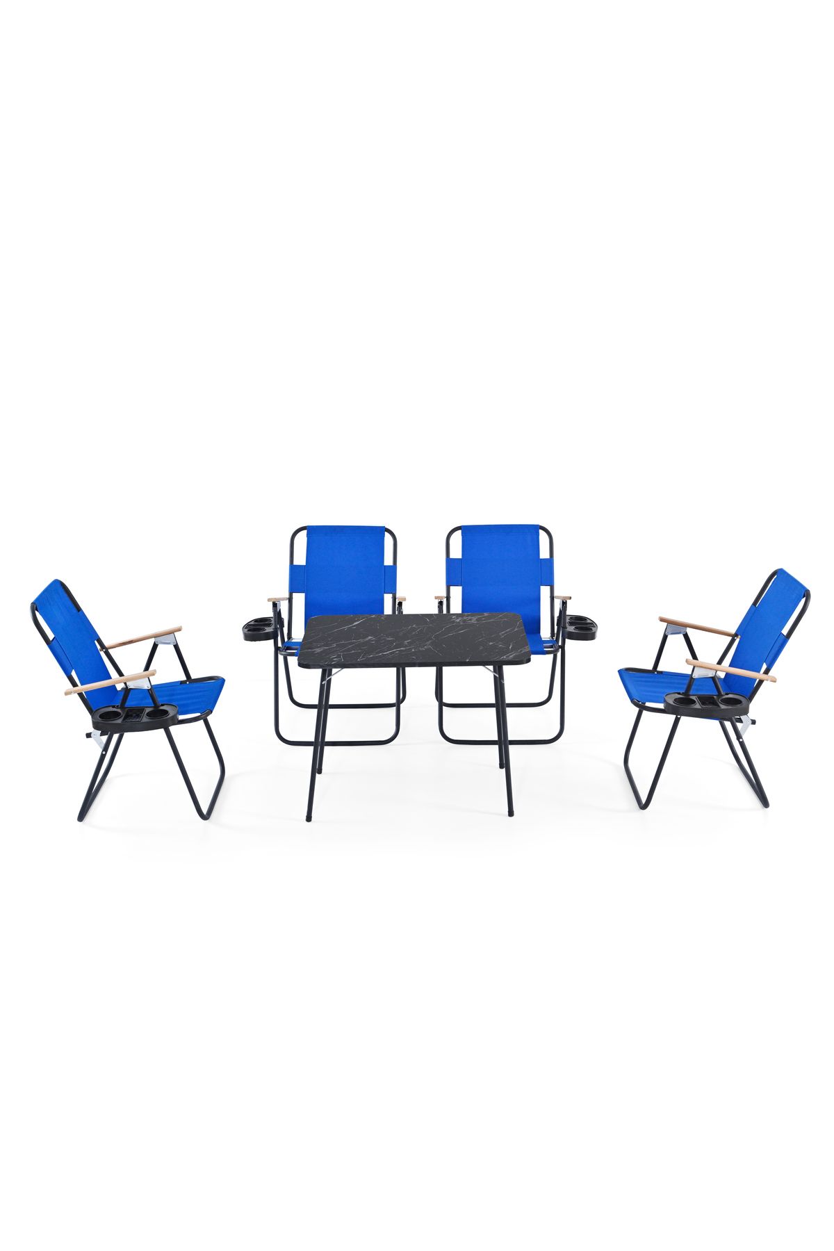 Remaks 4 adet Katlanır Kollu Bardaklıklı 4lü Kamp Sandalyesi Mavi Ve 60x80 Siyah Mermer Katlanır Masa