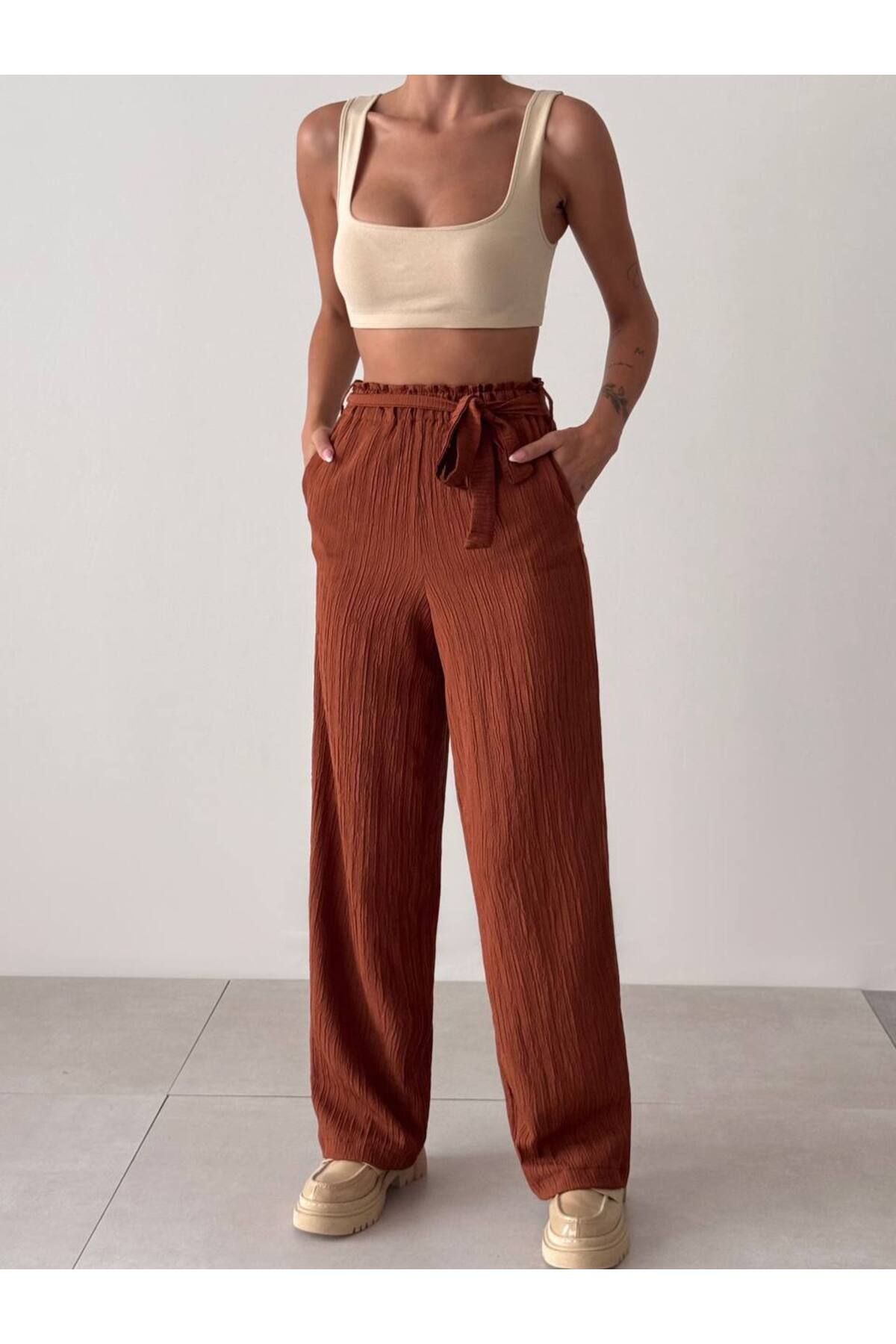OYERGA MODA Kadın Beli Kuşaklı Rahat Pantolon