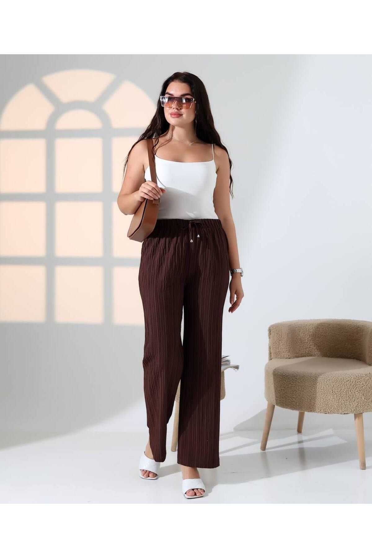 NovaRopa Kadın Kahverengi Beli Lastikli Bol Paça Pantolon-10LN0128