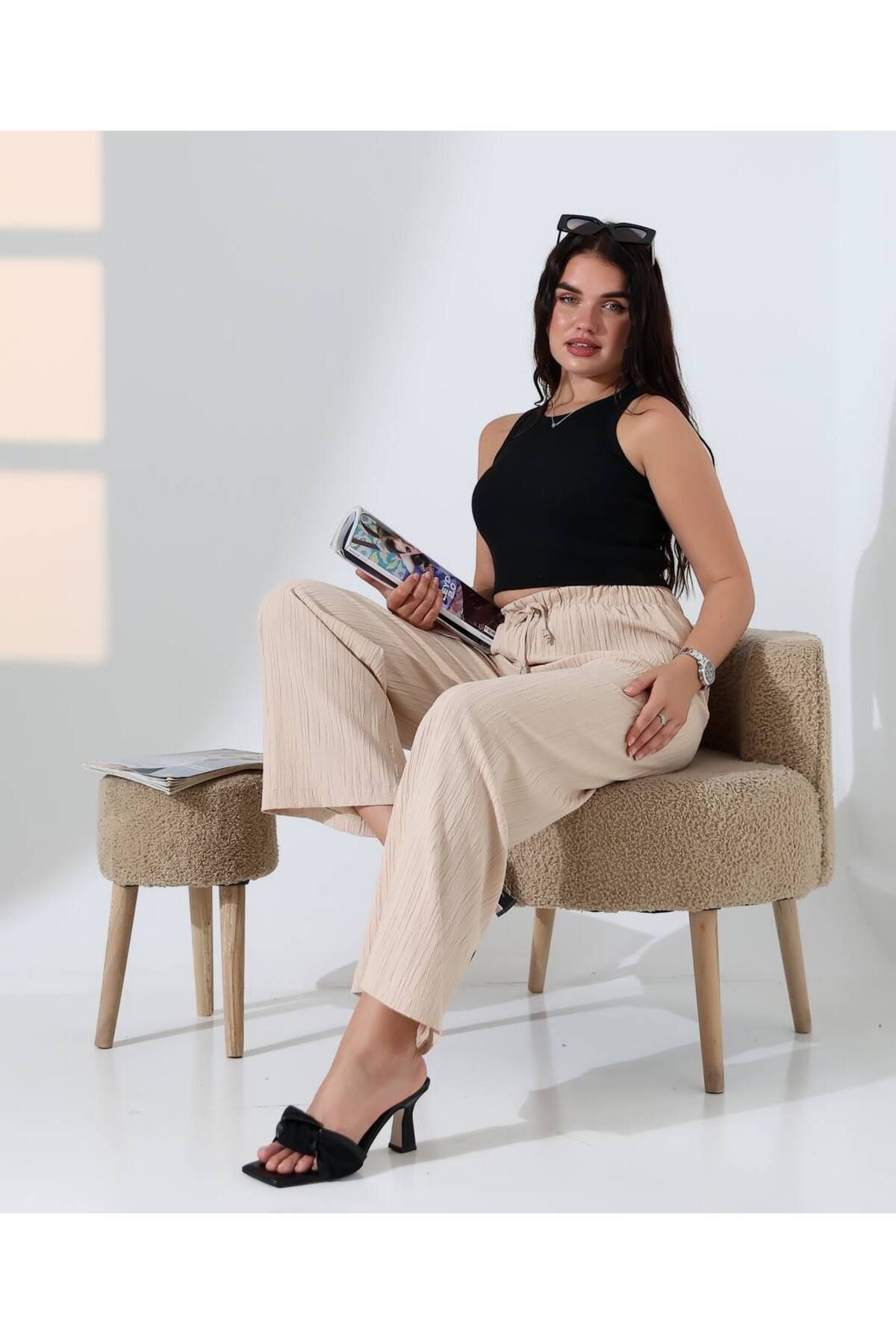 NovaRopa Kadın Bej Beli Lastikli Bol Paça Pantolon-10LN0128