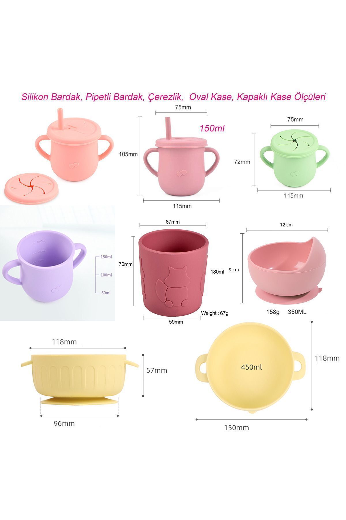 jojobebek Silikon Beslenme Seti, Mama Tabağı, Kase, Pipet, Bardak, Emzik Kılıfı, Önlük, Çatal-Kaşık(Pembe Renk fotoğrafı 5 (önizleme)