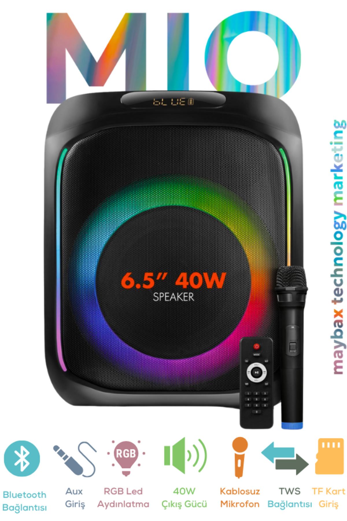 Maybax MIO Taşınabilir Mikrofonlu 40 W Parti Kablosuz Mikrofon Kumandalı Bluetooth Hoparlör Led Işıklı