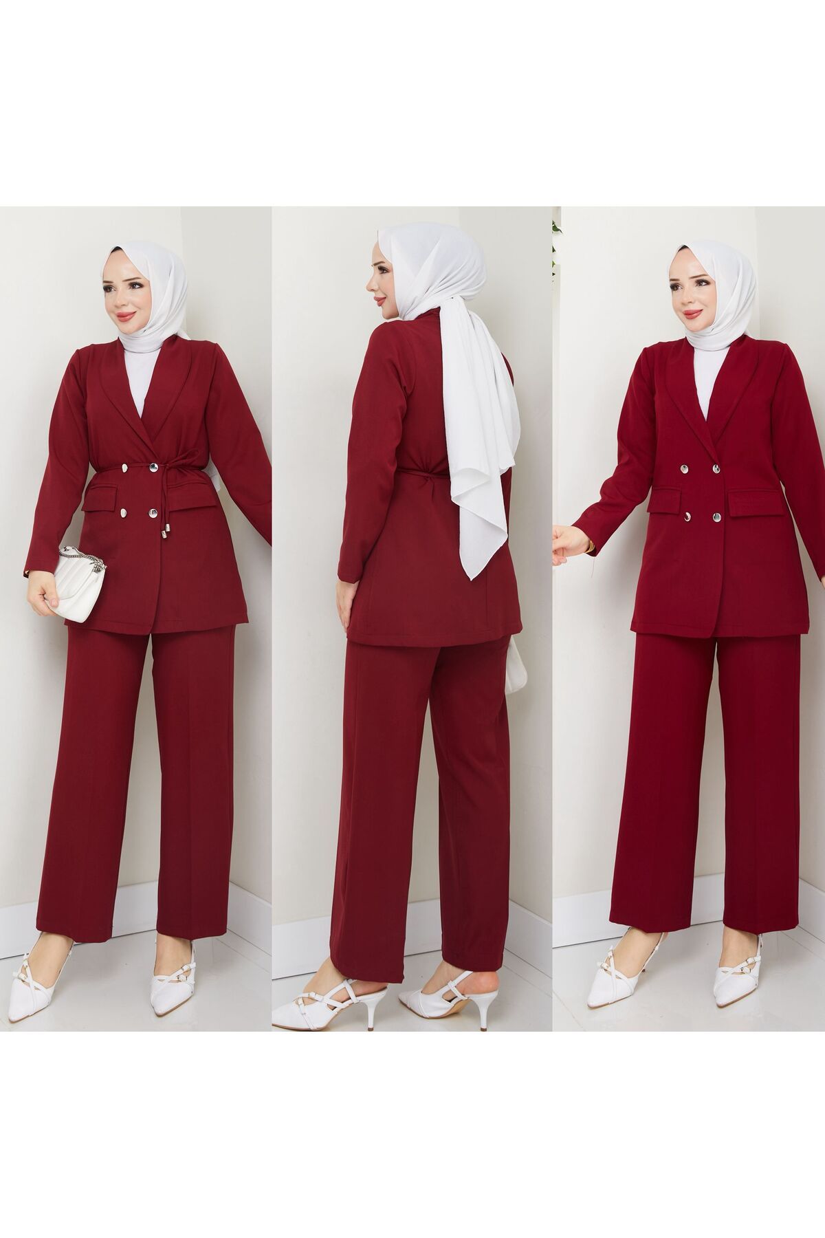 FIRSTESLEM Double Krep Düğmeli Ceketli Pantolonlu Kadın İkili Takım