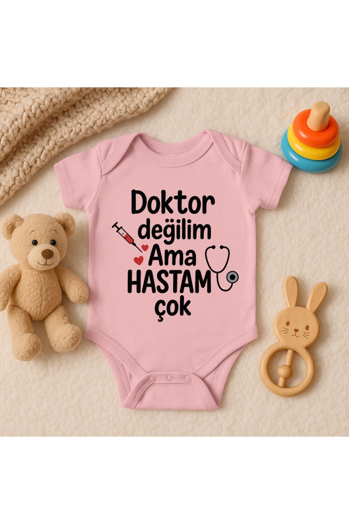 Magic Bravo %100 Pamuk Doktor Değilim Ama Hastam Çok Baskılı Pembe Bebek Çıtçıtlı Badi Zıbın Body