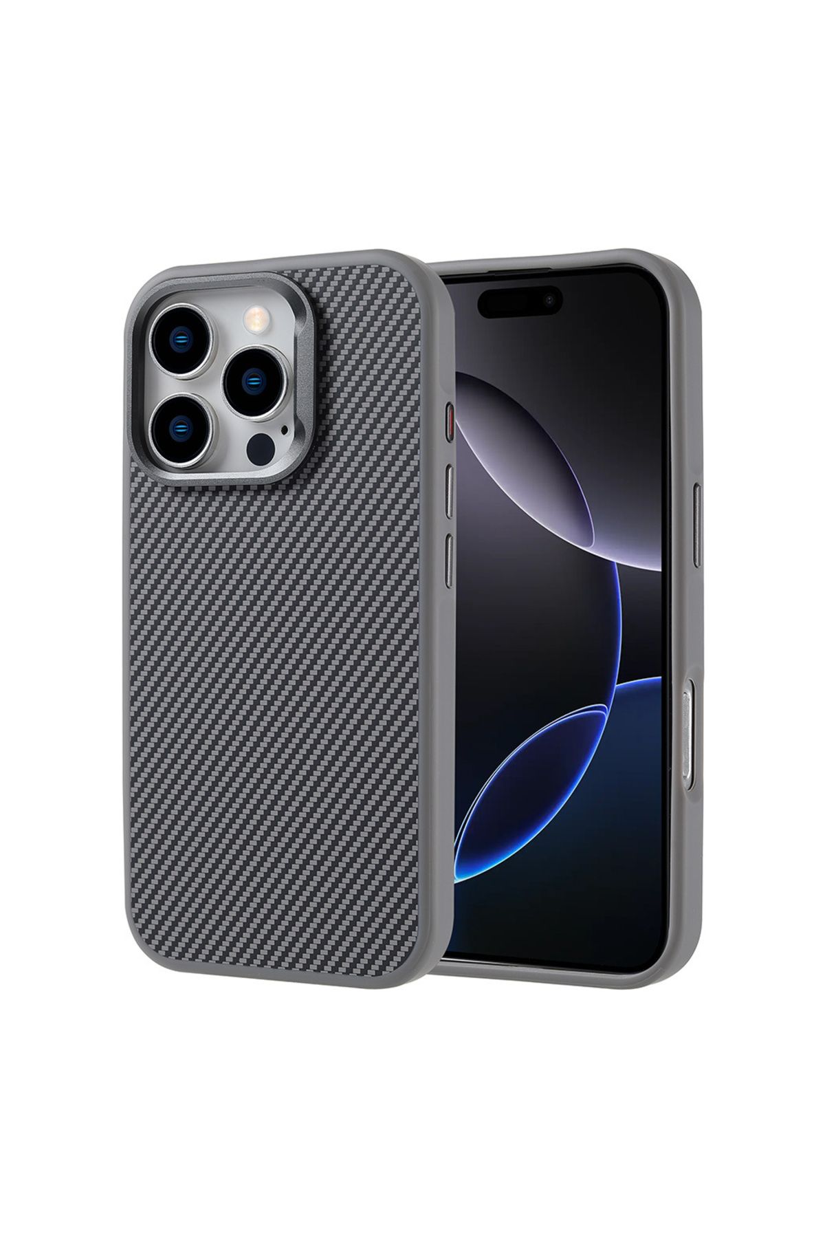 System Com iPhone 16 Pro Max Kılıf Magsafe Şarj Özellikli Karbon Fiber Görünümlü SYS Troy Kapak-Gümüş