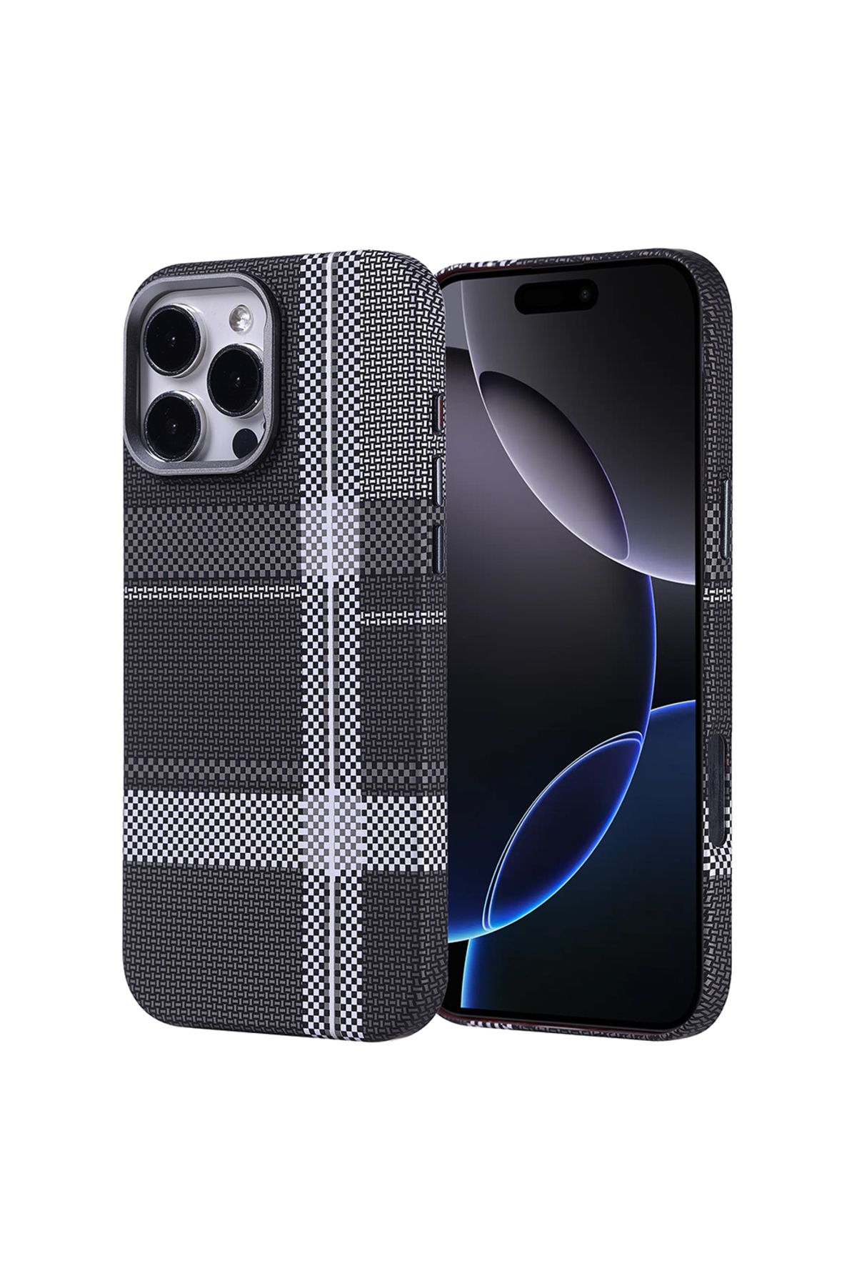 System Com iPhone 16 Pro Max Kılıf Magsafe Şarj Özellikli Karbon Fiber Görünümlü SYS Nekst Kapak - Gri-Siyah