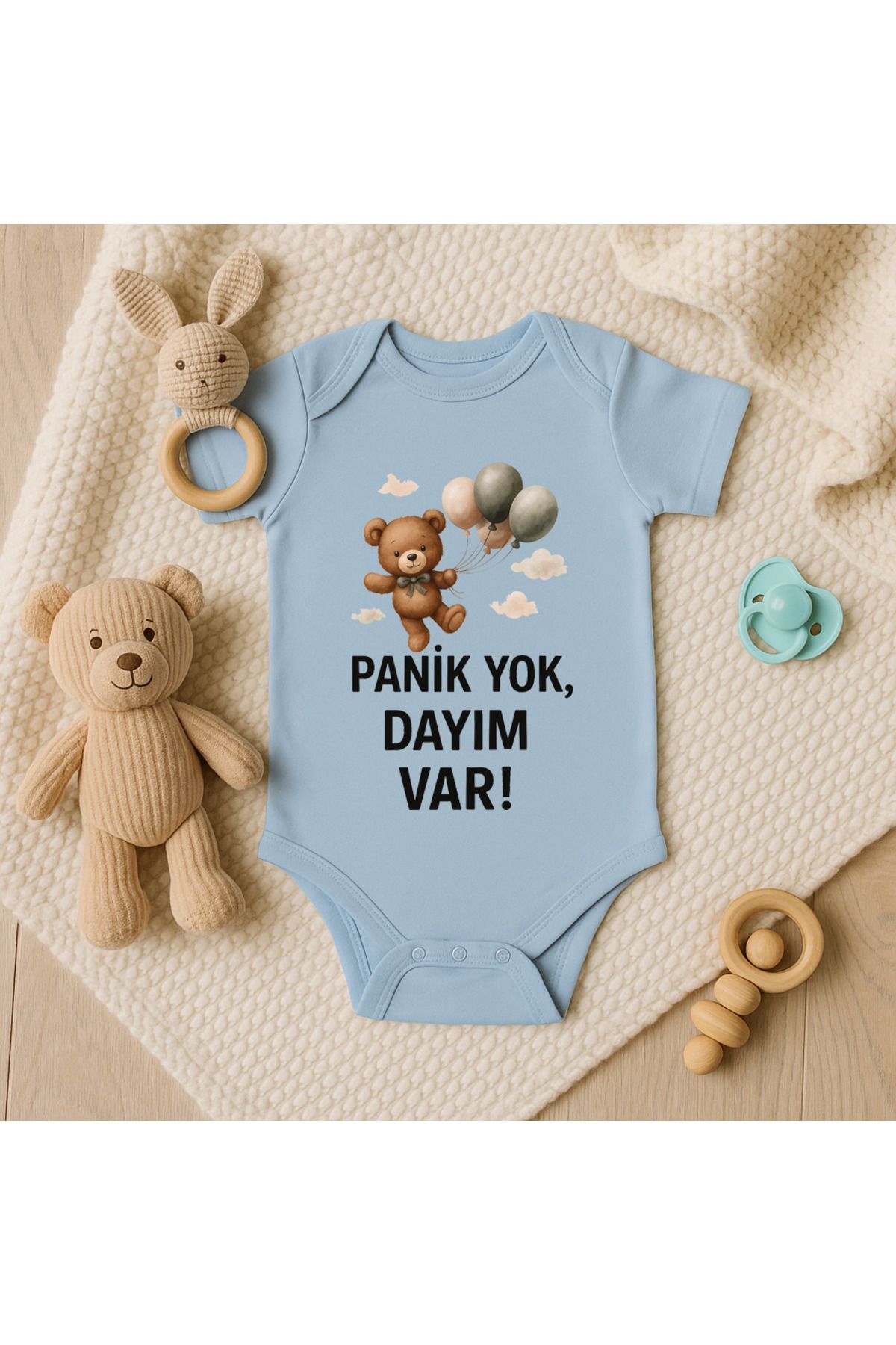 Magic Bravo %100 Pamuk Panik Yok Dayım Var Baskılı Mavi Bebek Çıtçıtlı Badi Zıbın Body