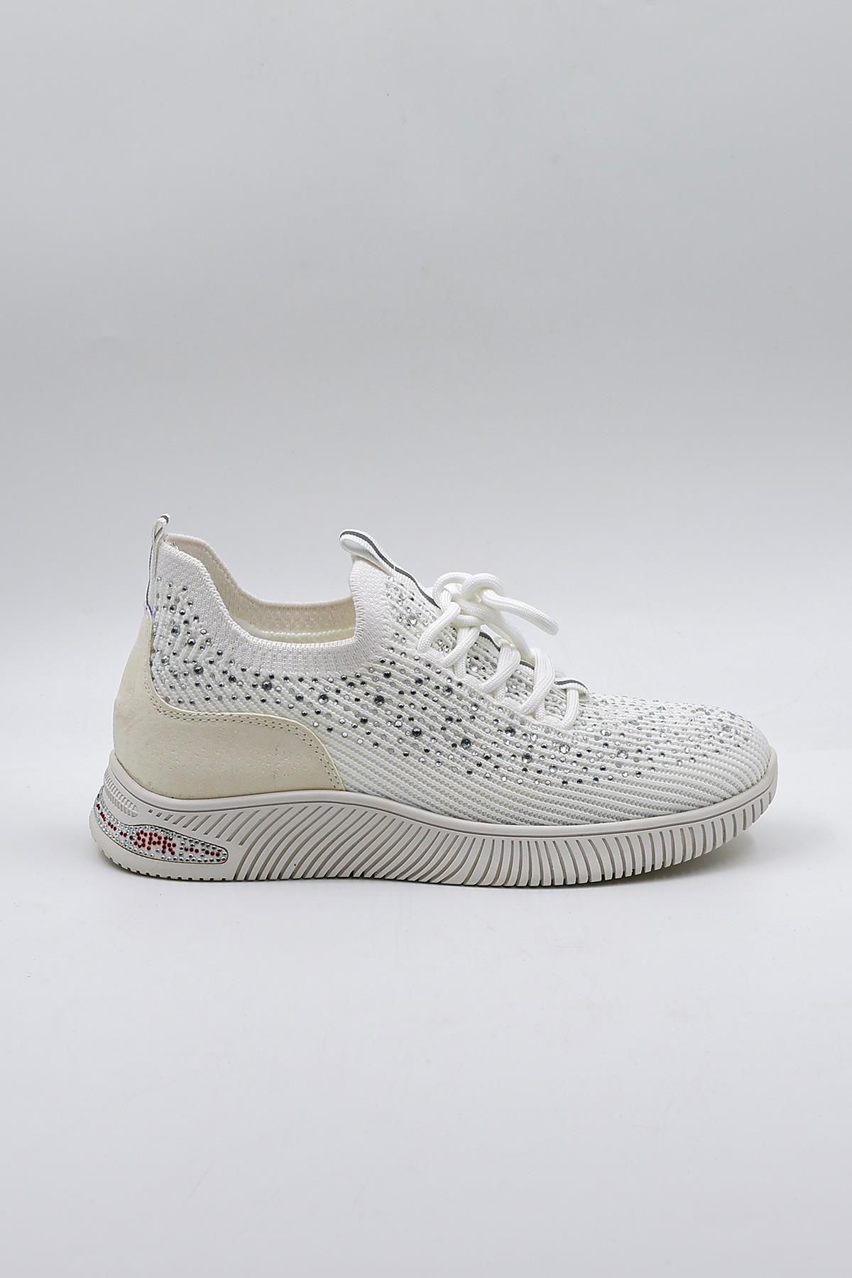 KRISTE BELL Taş Detaylı Triko Ithal Kadın Sneakers Spor Ayakkabı Kb0001 Beyaz
