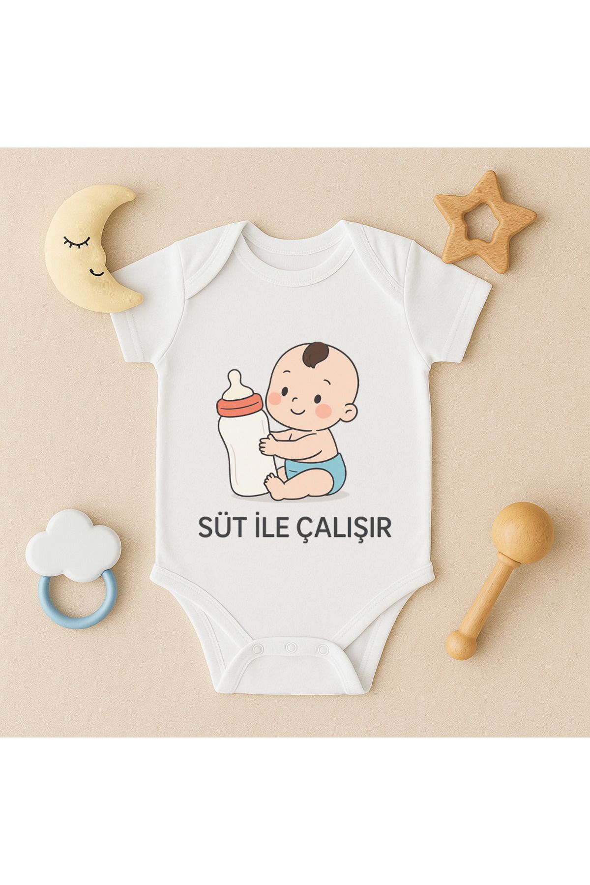 Magic Bravo %100 Pamuk Süt İle Çalışır Baskılı Beyaz Bebek Çıtçıtlı Badi Zıbın Body