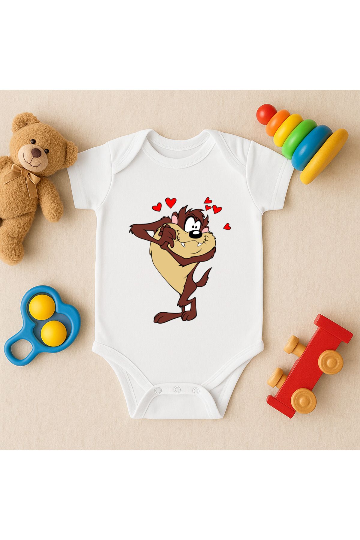 Magic Bravo %100 Pamuk Tazmanya Canavarı Baskılı Beyaz Bebek Çıtçıtlı Badi Zıbın Body