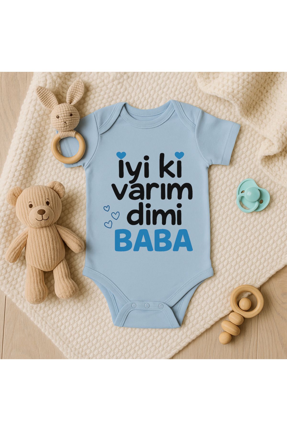 Magic Bravo %100 Pamuk İyi ki Varım Baskılı Mavi Bebek Çıtçıtlı Badi Zıbın Body