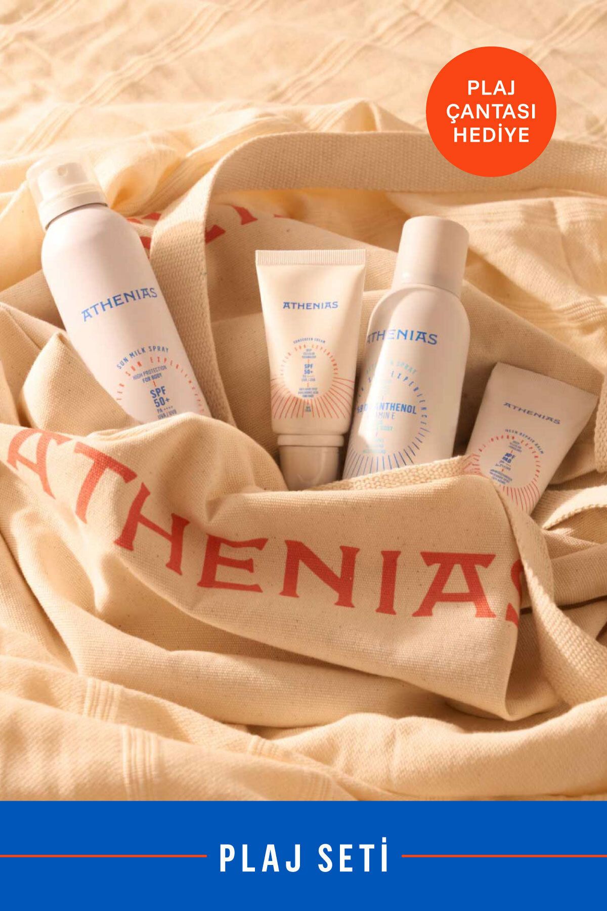 Athenias Plaj Güneş Koruma Seti Vücut Güneş Sütü + Yüz Güneş Kremi + After Sun +Onarıcı Balm+Çanta