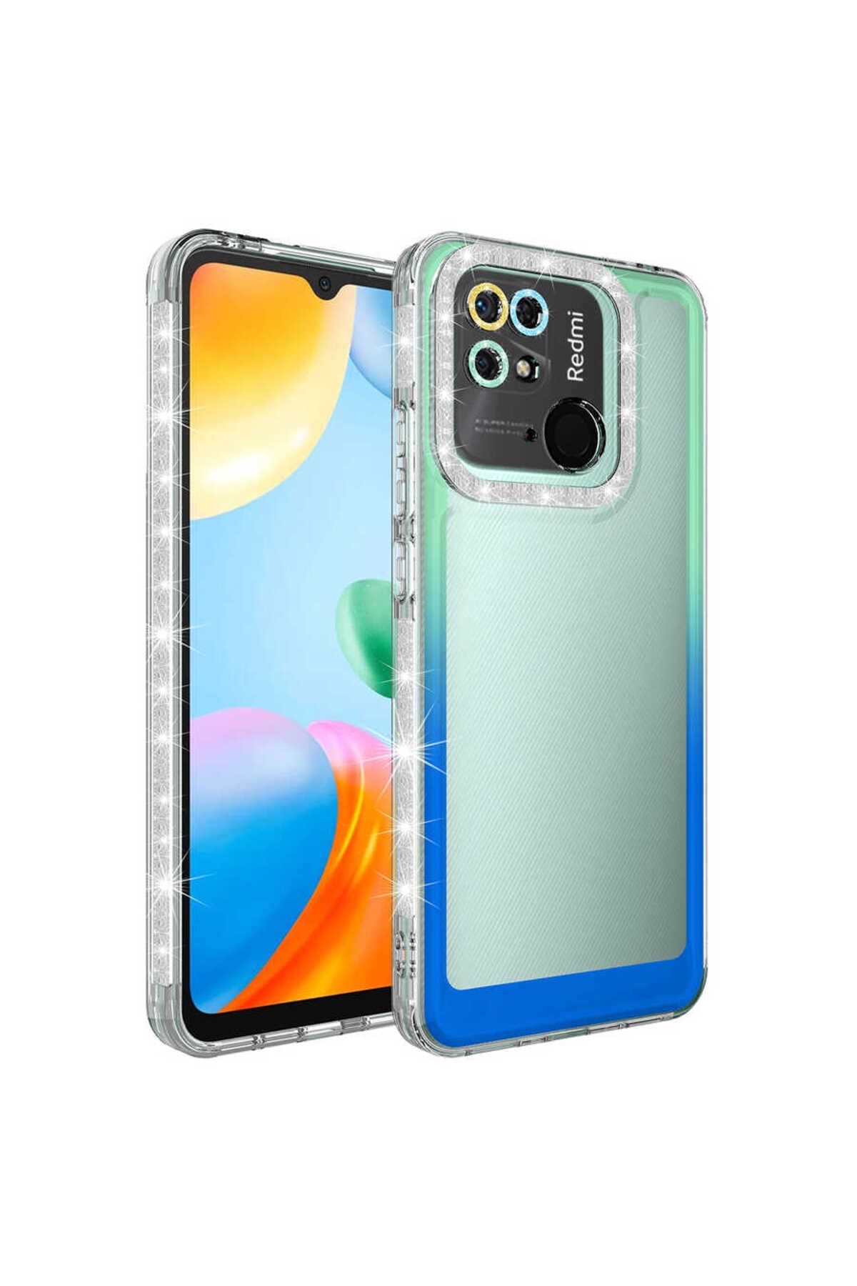 System Com Redmi 10C Kılıf Simli ve Renk Geçiş Tasarımlı Lens Korumalı SYS Park Kapak - Yeşil-Mavi