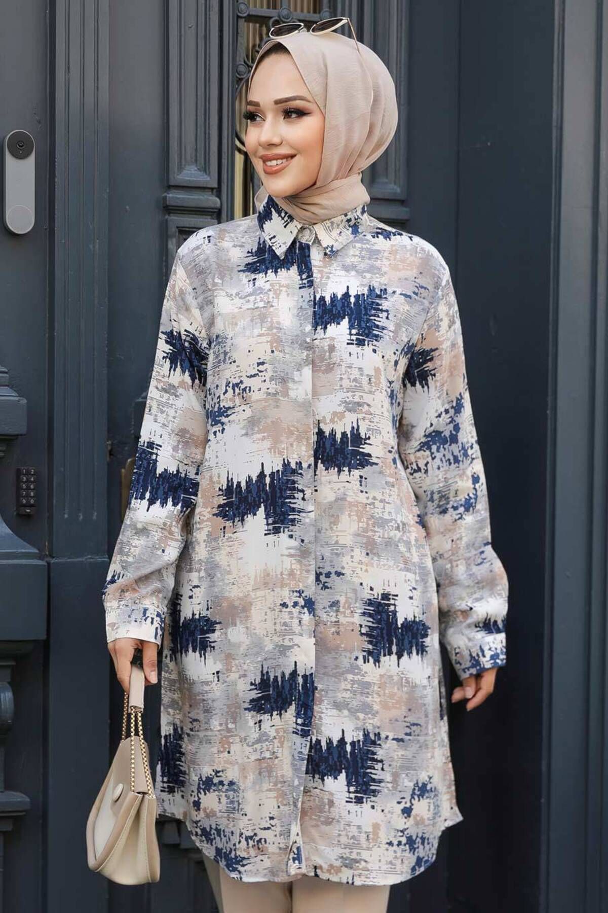 Neva Style-Mink Patterned Hijab Tunic - 11677V 4
