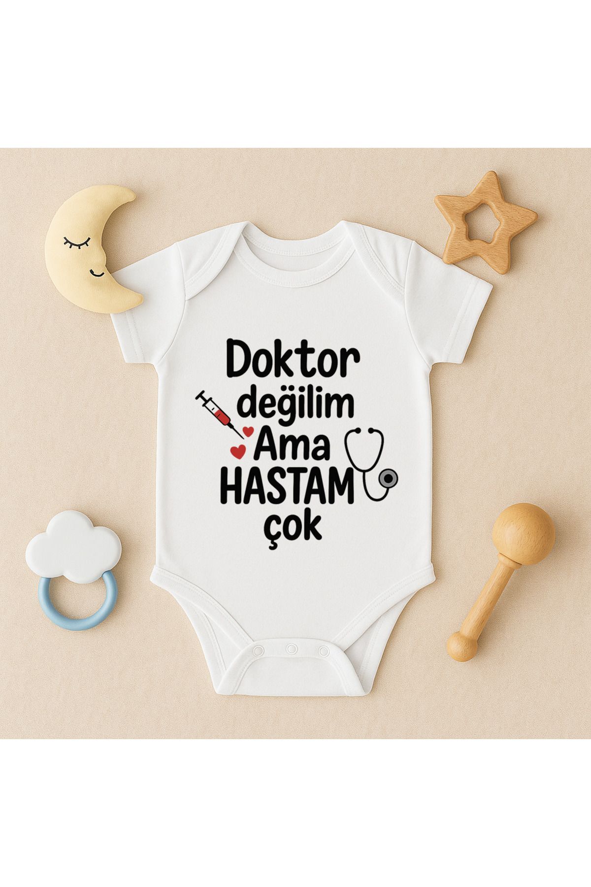 Magic Bravo %100 Pamuk Doktor Değilim Ama Hastam Çok Baskılı Beyaz Bebek Çıtçıtlı Badi Zıbın Body