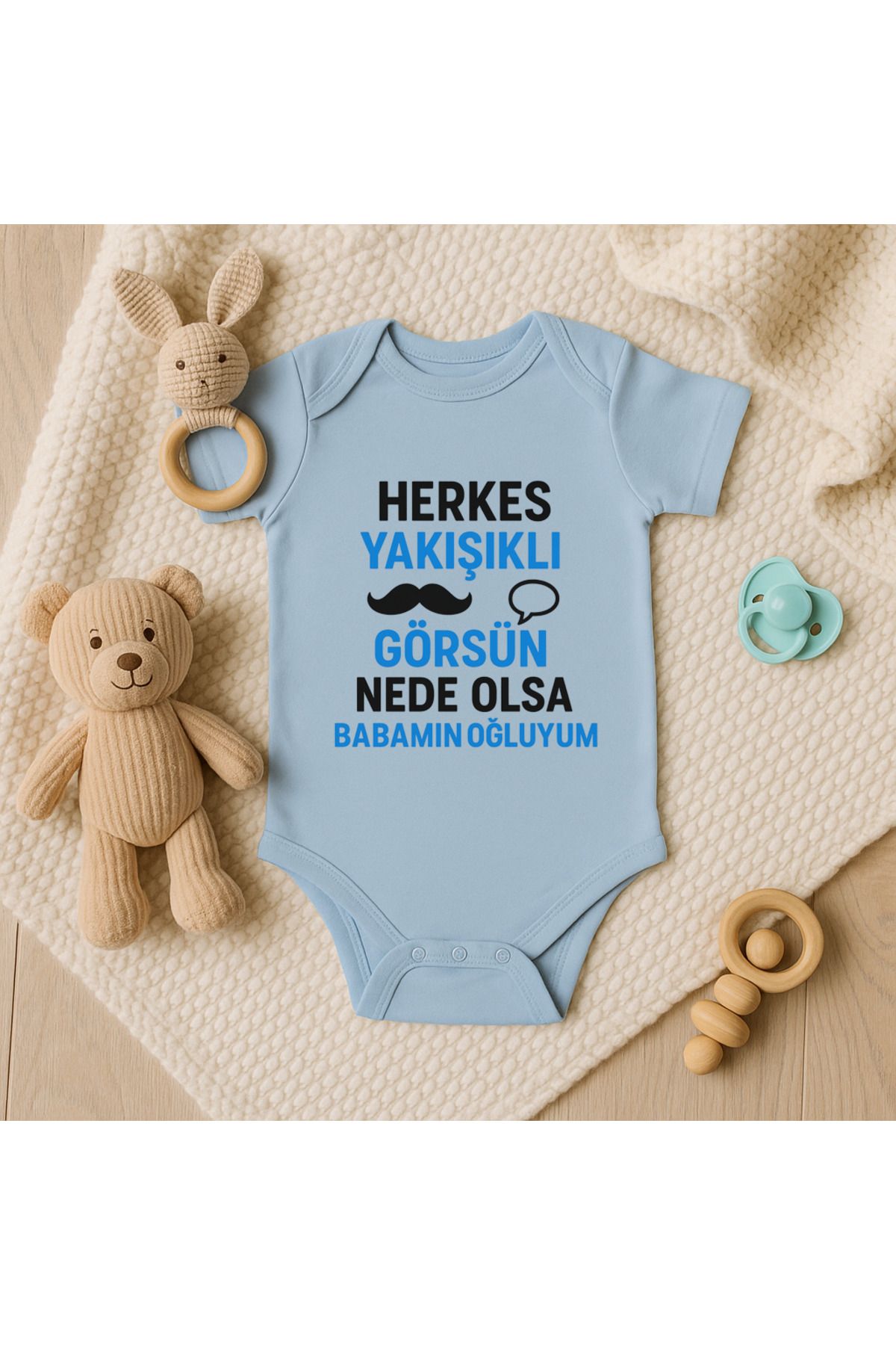 Magic Bravo %100 Pamuk Herkes Yakışıklı Görsün Baskılı Mavi Bebek Çıtçıtlı Badi Zıbın Body