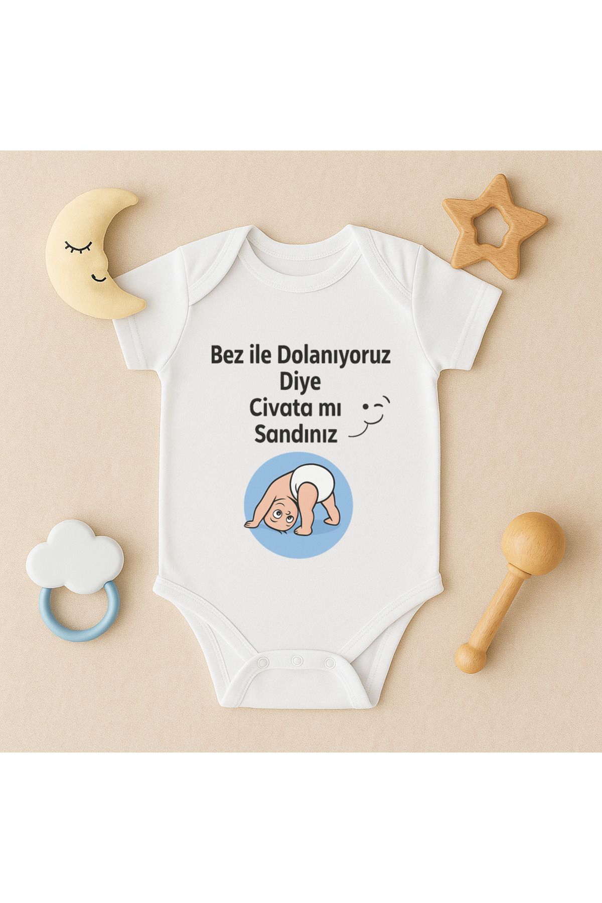 Magic Bravo %100 Pamuk Bez İle Dolaşıyoz Diye Cıvatamı Sandınız Baskılı Beyaz Bebek Çıtçıtlı Badi Zıbın Body