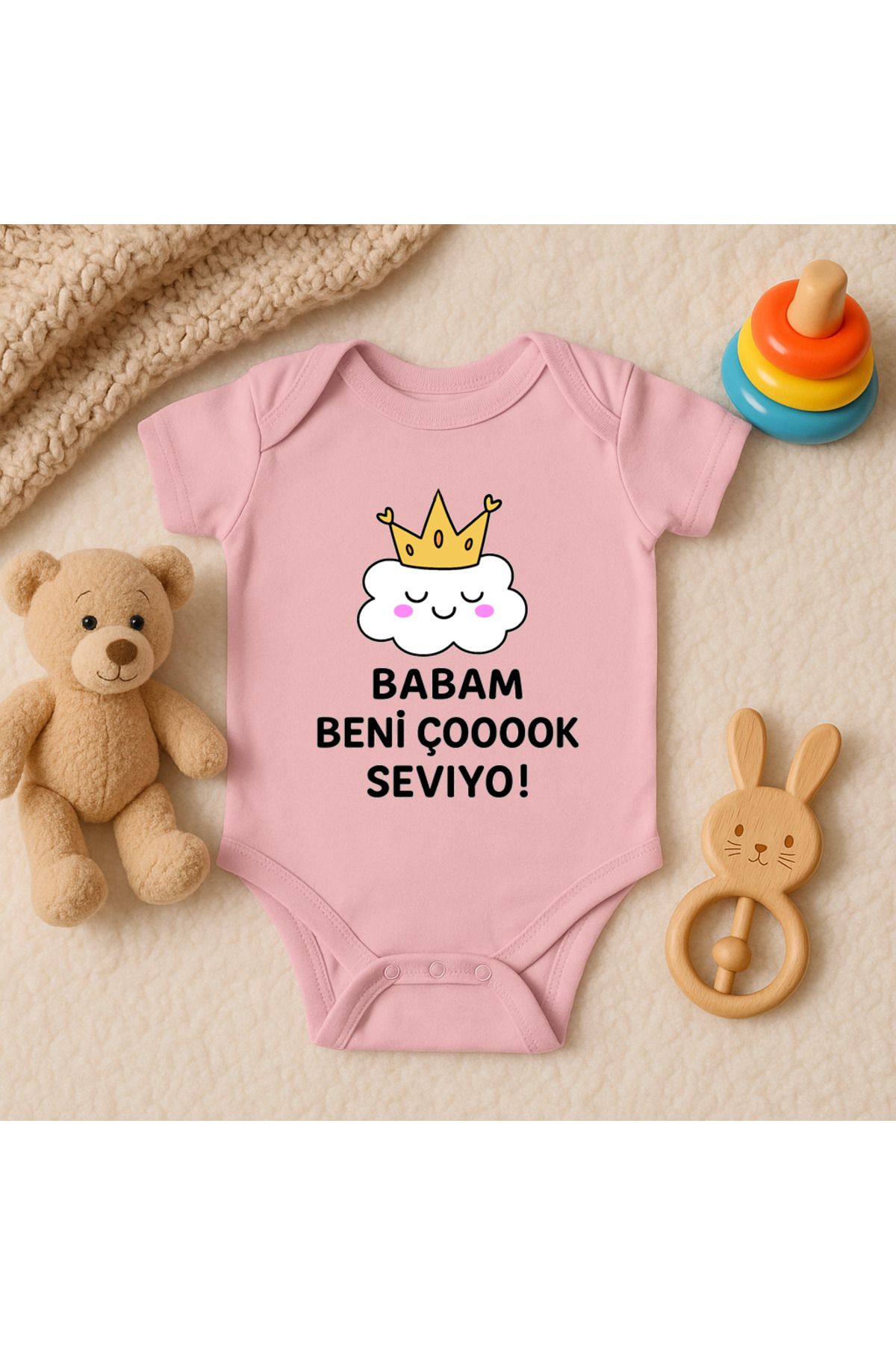 Magic Bravo %100 Pamuk Babam Beni Çok Seviyor Baskılı Pembe Bebek Çıtçıtlı Badi Zıbın Body