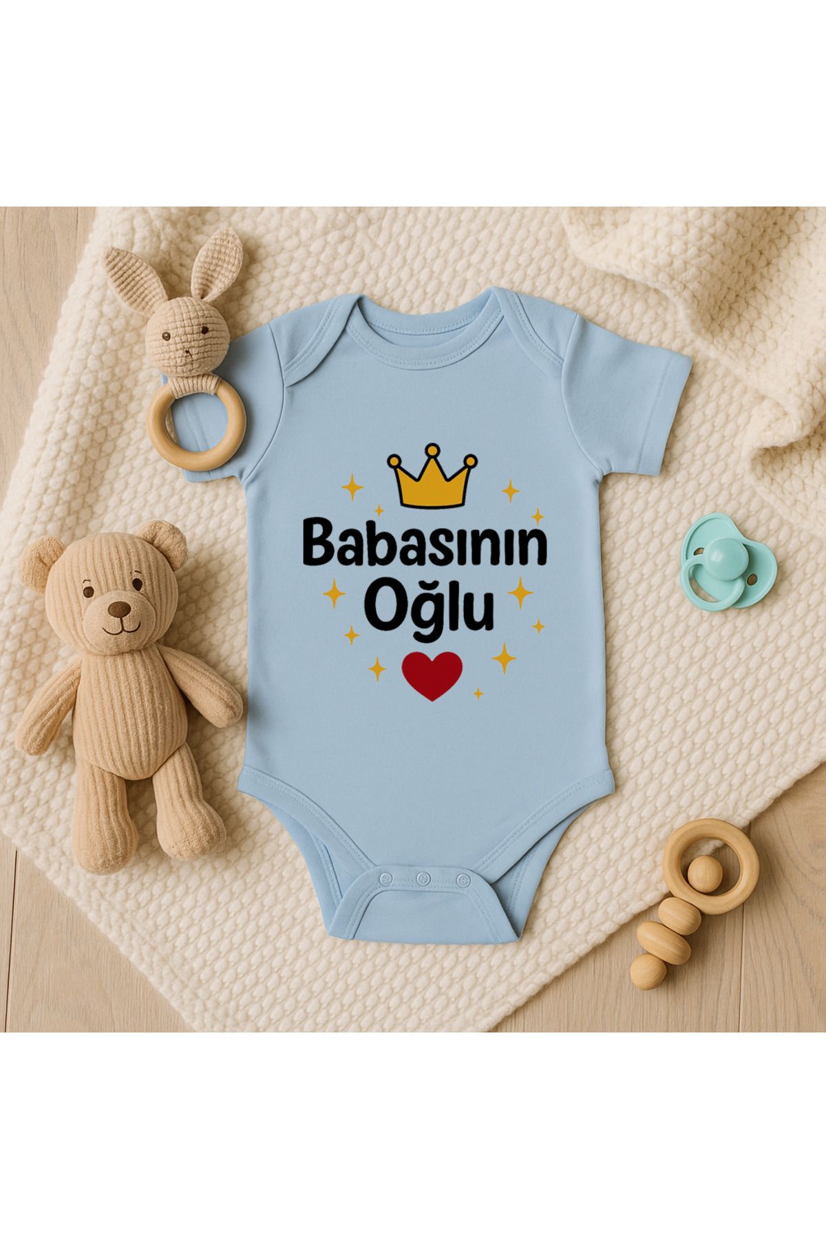 Magic Bravo %100 Pamuk Babasının Oğlu Baskılı Mavi Bebek Çıtçıtlı Badi Zıbın Body