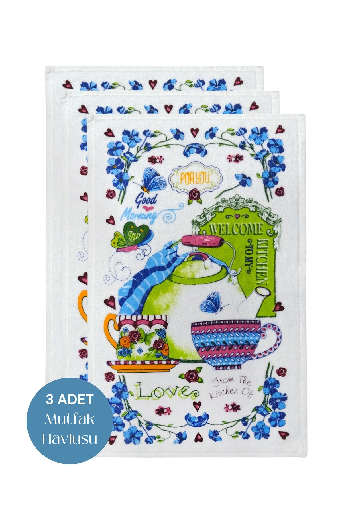 sevilya 3lü Paket Baskılı Beyaz Mutfak Havlusu Modeli