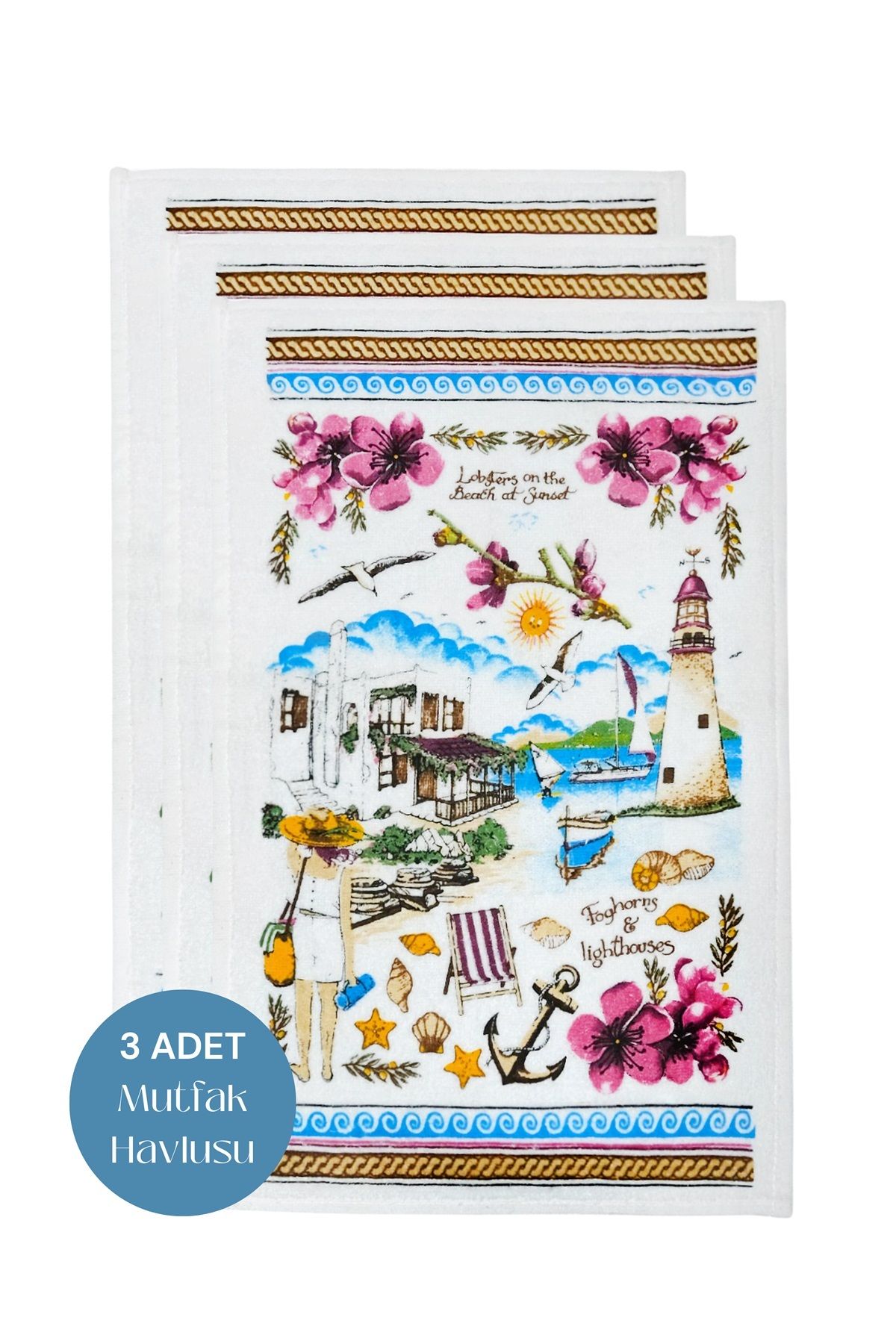 sevilya 3lü Paket Baskılı Beyaz Mutfak Havlusu Modeli