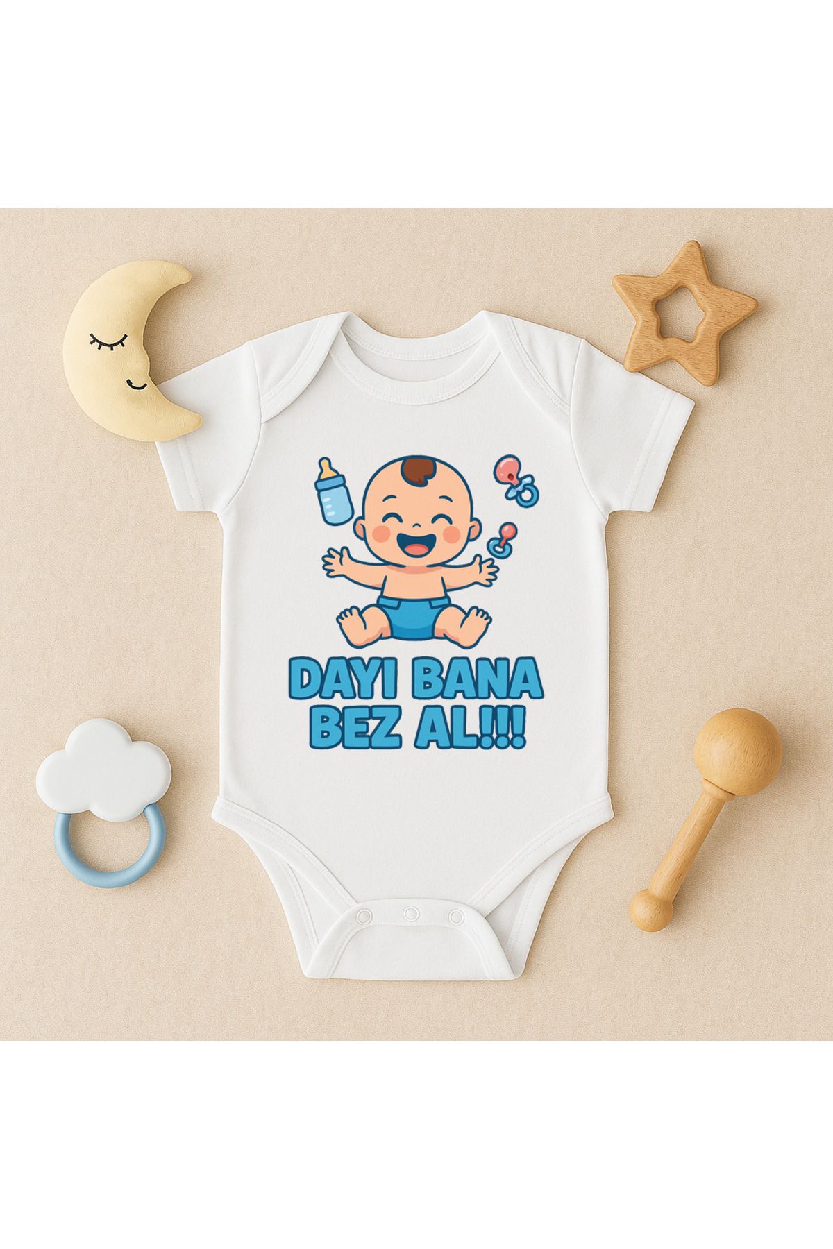 Magic Bravo %100 Pamuk Dayı Bana Bez Al Baskılı Beyaz Bebek Çıtçıtlı Badi Zıbın Body