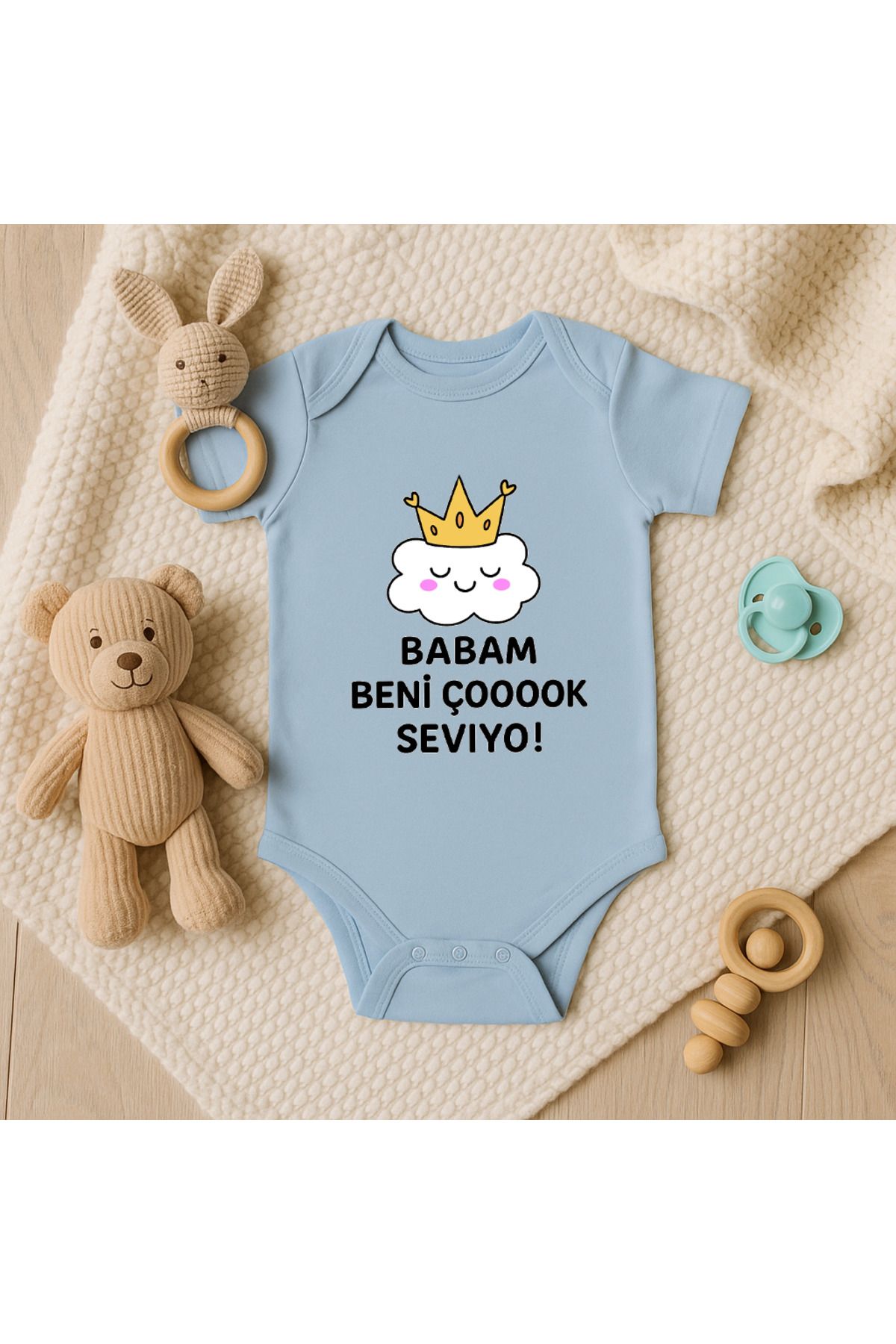 Magic Bravo %100 Pamuk Babam Beni Çok Seviyor Baskılı Mavi Bebek Çıtçıtlı Badi Zıbın Body