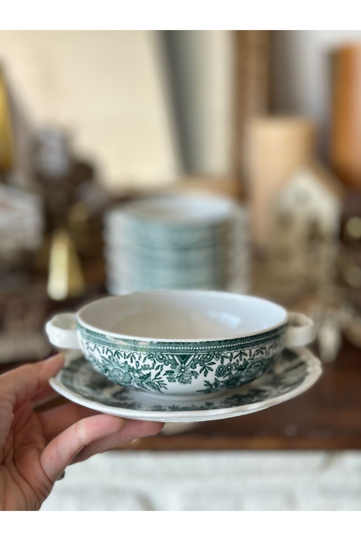 Villeroy & Boch Villeroy Boch Fasan Porselen Yeşil Haki Antika Porselen Konsome Kulplu Kase Tabağı Sunumluk Adet