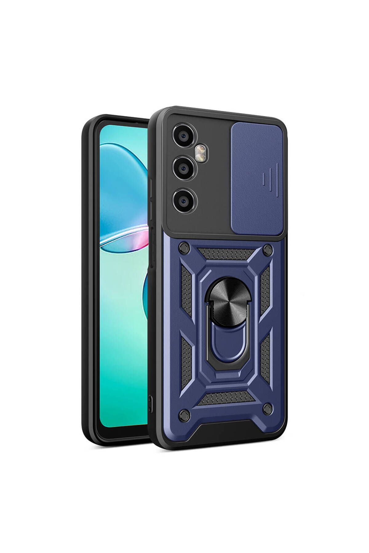 System Com Realme C65 4G Kılıf Magnetik Standlı Kamera Korumalı SYS Sürgülü Vega Kapak - Mavi