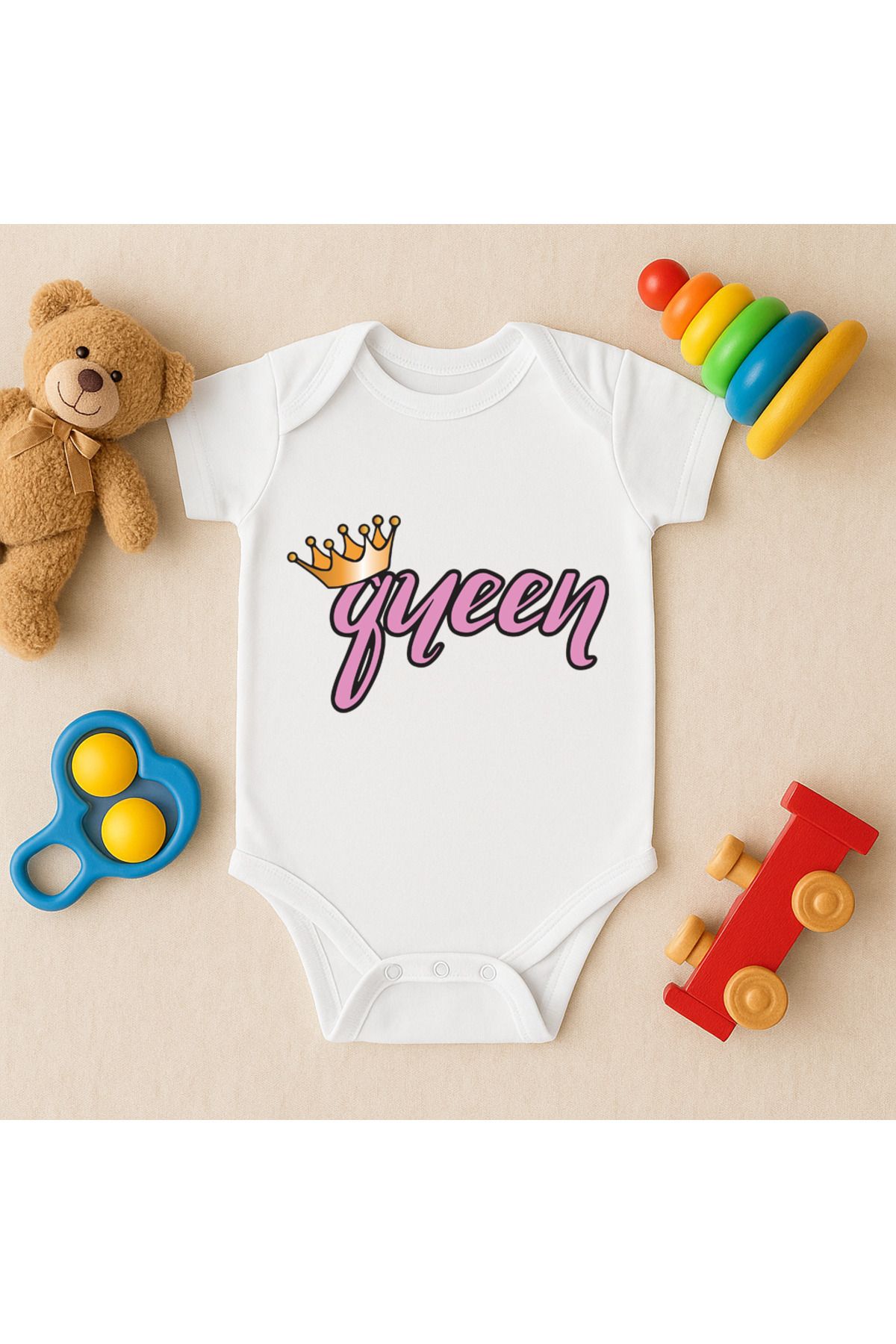 Magic Bravo %100 Pamuk Queen Baskılı Beyaz Bebek Çıtçıtlı Badi Zıbın Body