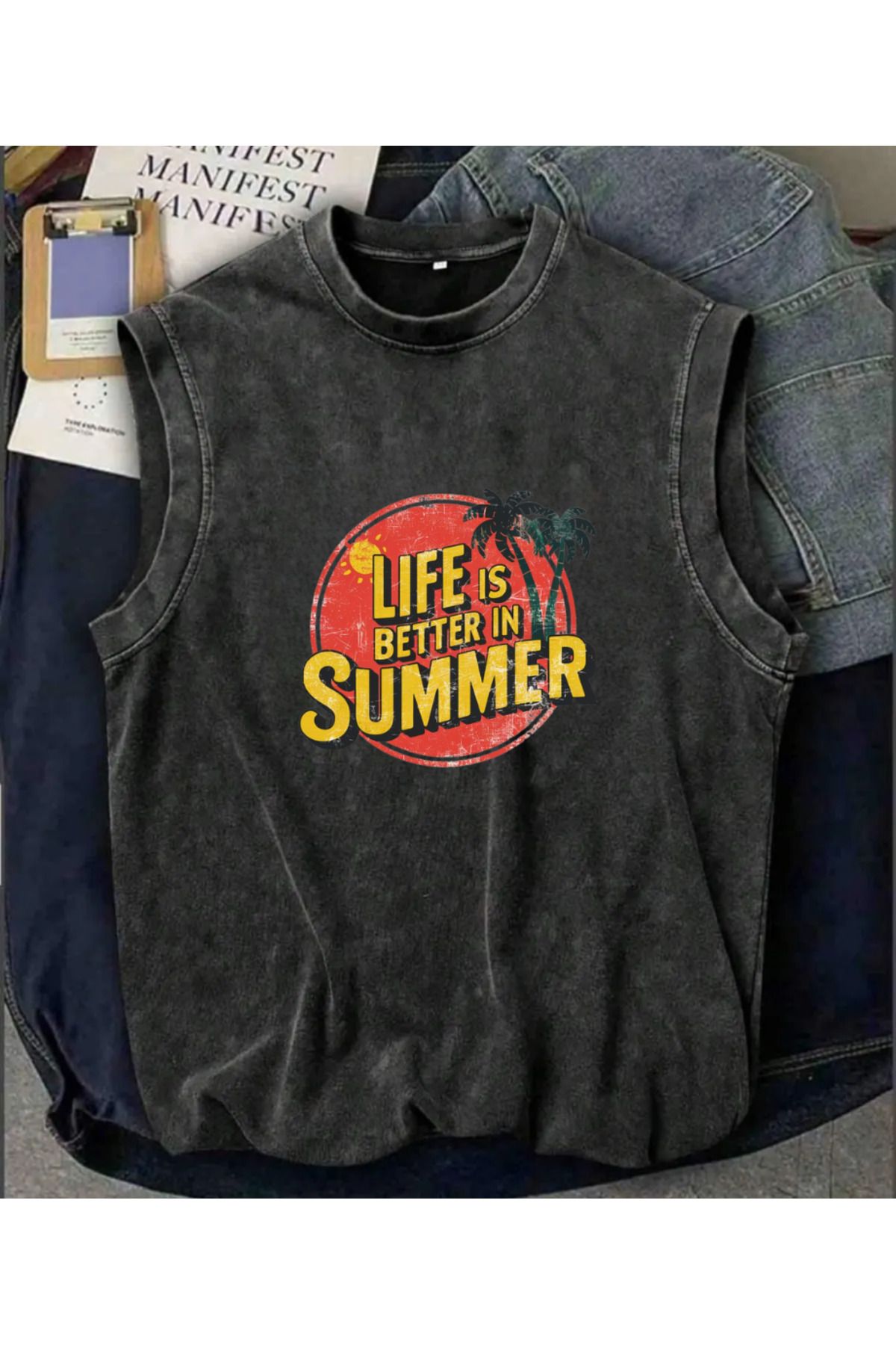 Touz Moda Holiday Line Summer Kolsuz Atlet Bisiklet Yaka Yıkamalı Vintage Unisex Oversize T-Shirt