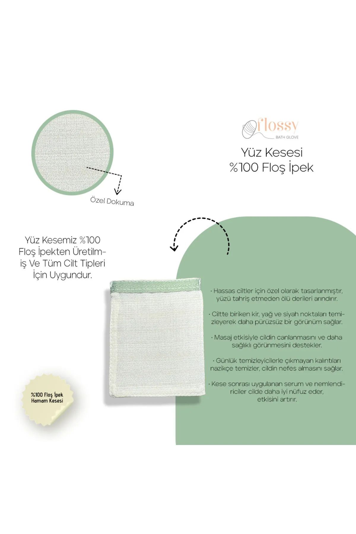 Flossy BATH GLOVE %100 İpek Kese Banyo ve Duş Cilt Bakımı Floş Yüz Vücut Kesesi Peeling Eldiveni Viridis