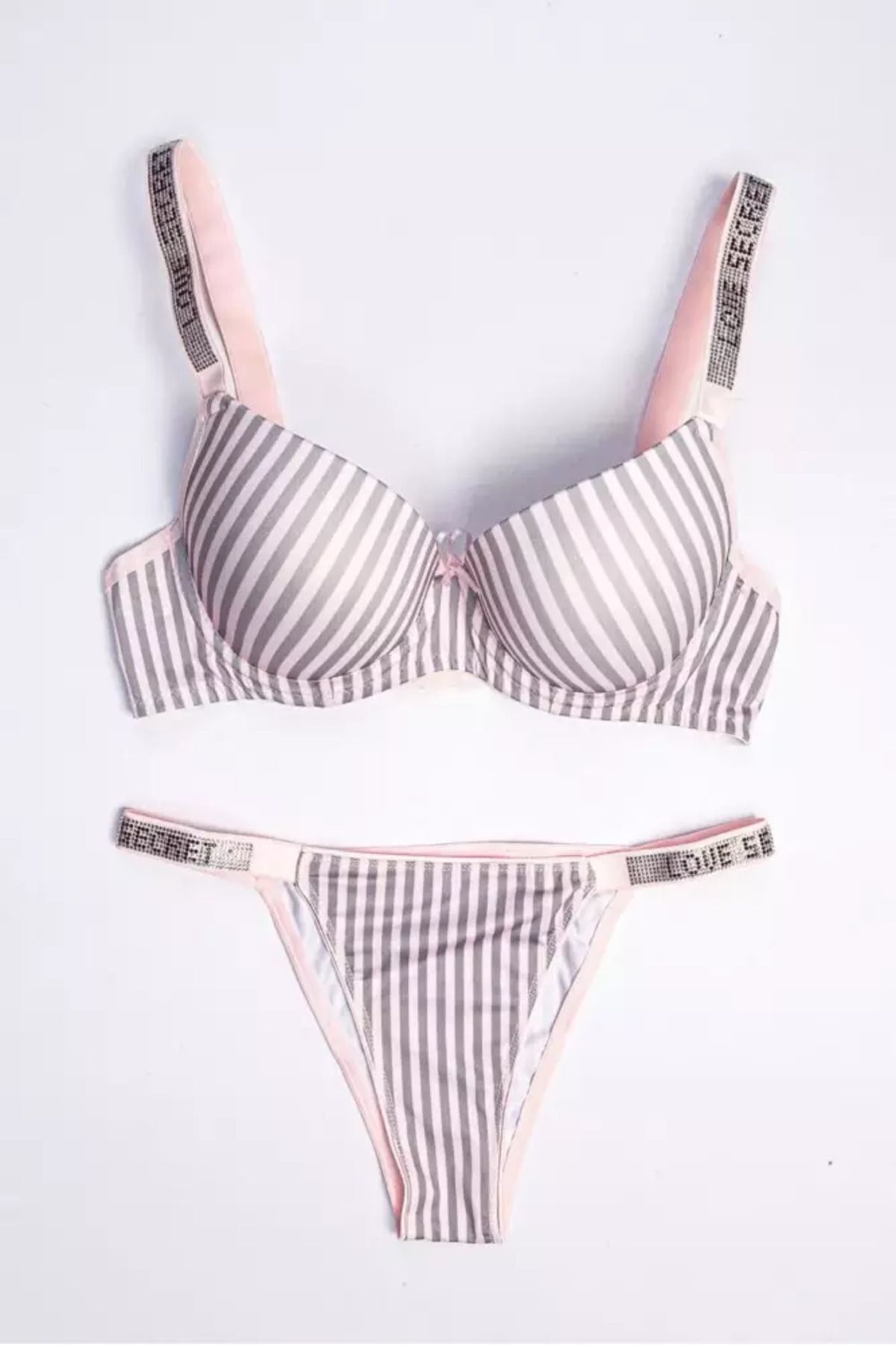 Star Tılsım Lingerie Kadın Çizgili Mikro Kumaş Taşlı Askılı Dolgulu Sütyen Takım