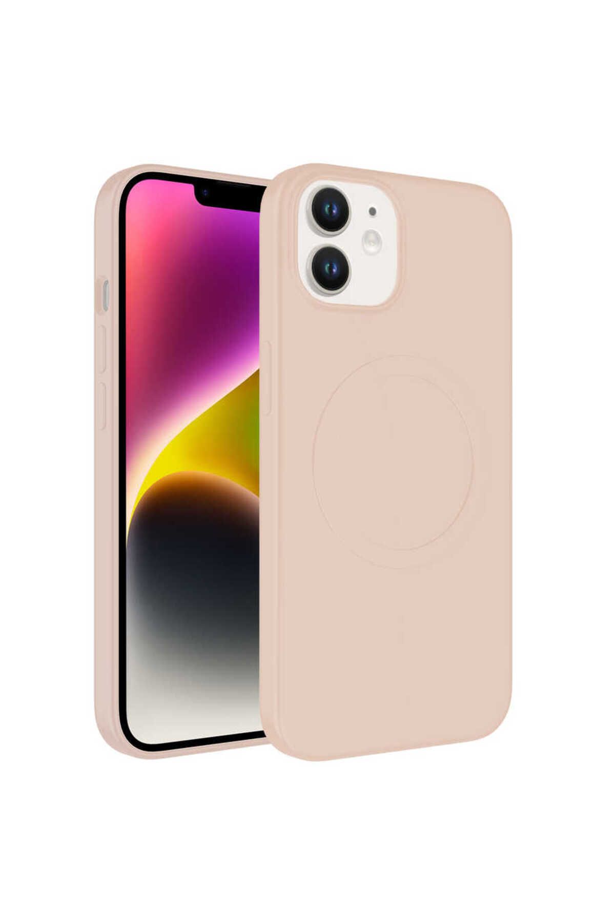 System Com iPhone 11 Uyumlu Magsafe Wireless Şarj Özellikli Pastel Renk Silikon SYS Plas Kılıf-Pembe Açı