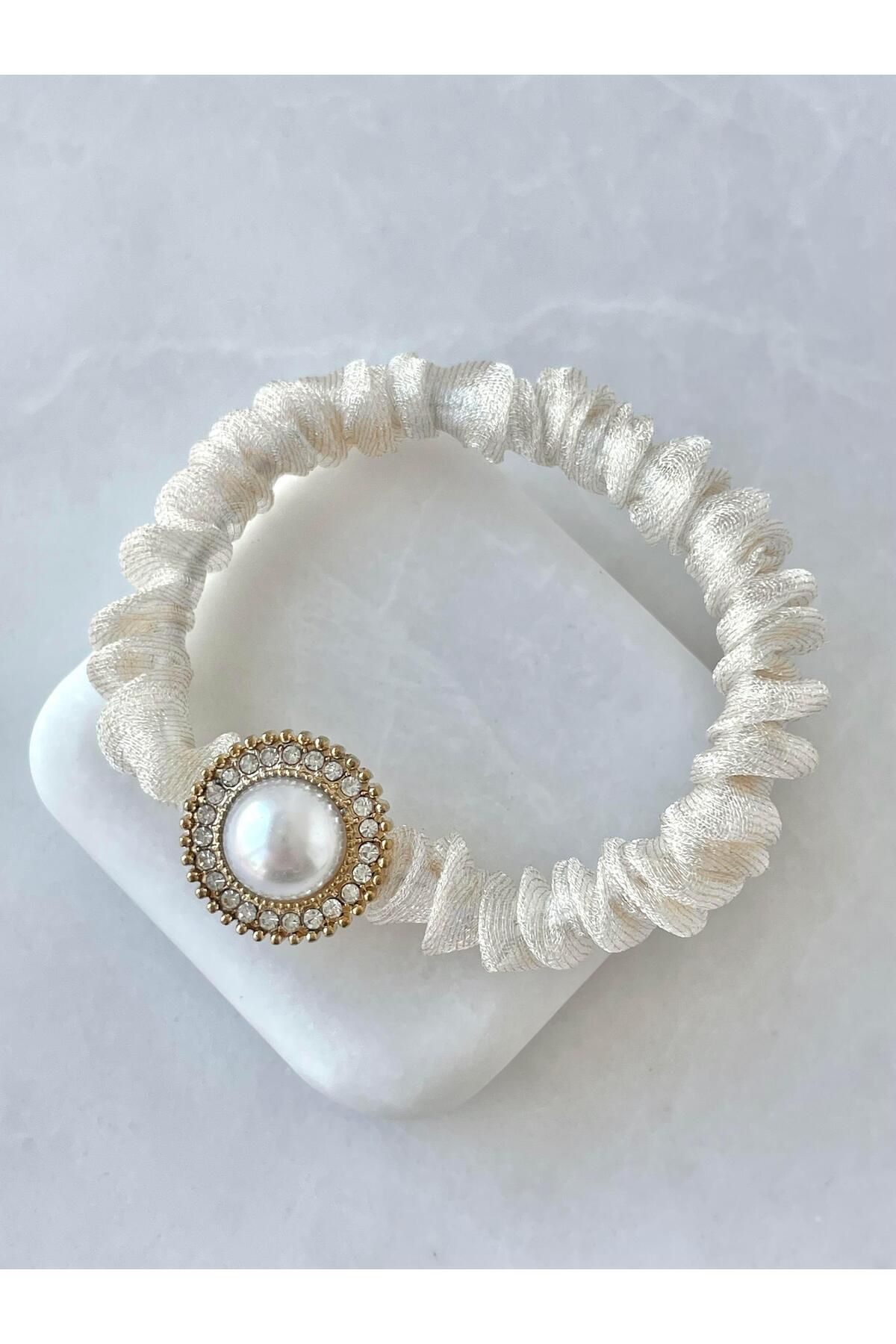 Seda Bijuteri İnci ve Gömme Taşlı Tül Scrunchie Toka Krem