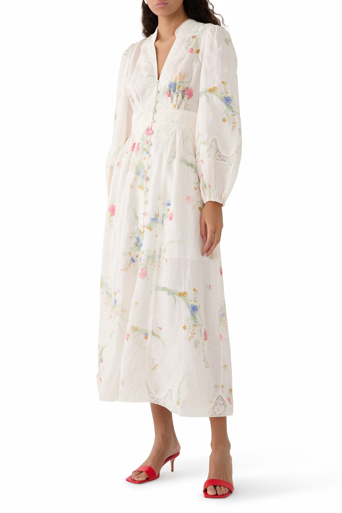 Zimmermann Lucky Lace Plunge Midi Dress ,Dantel Detaylı V Yaka