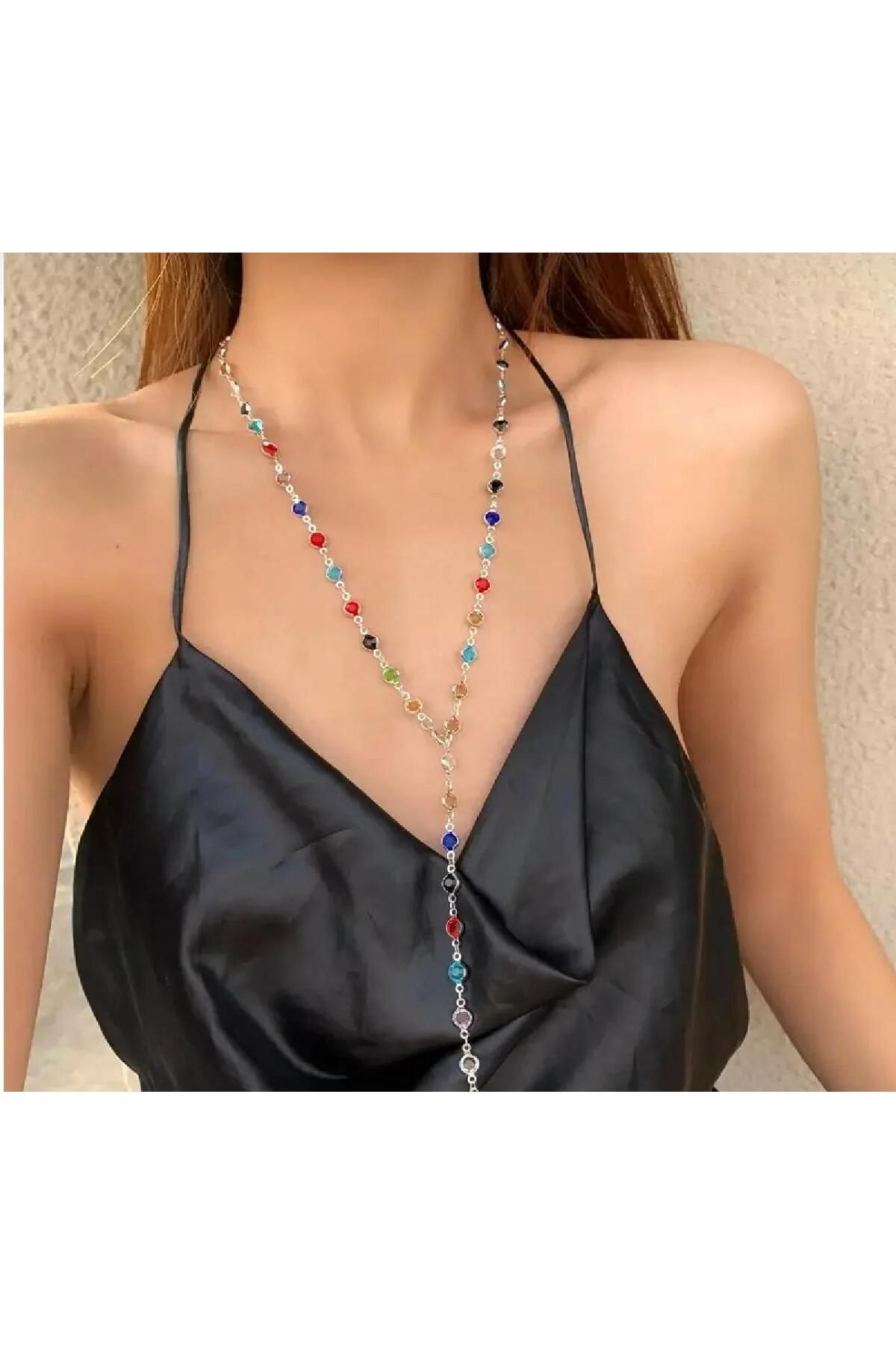 My Life Accessory Gümüş Silver Kaplama Renkli Taşlı Y Model Kadın Çelik Kolye