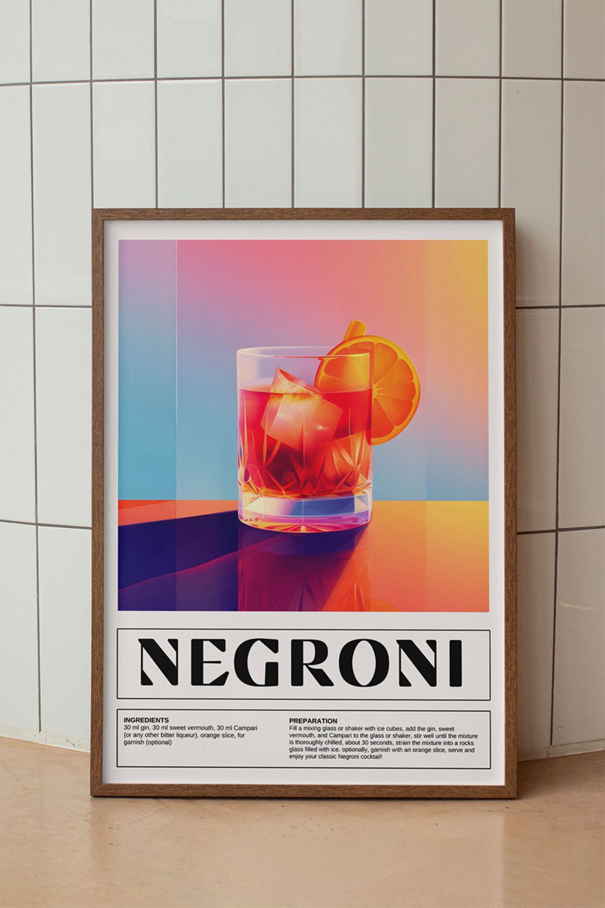 baselith Negroni Kokteyl Tarifi Posteri - Renkli Modern İçecek Mutfak Bar Duvar Dekor - Çerçevesiz Baskı