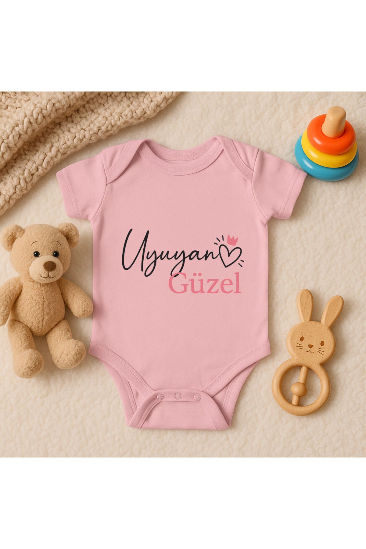 Magic Bravo %100 Pamuk Uyuyan Güzel Baskılı Pembe Bebek Çıtçıtlı Badi Zıbın Body