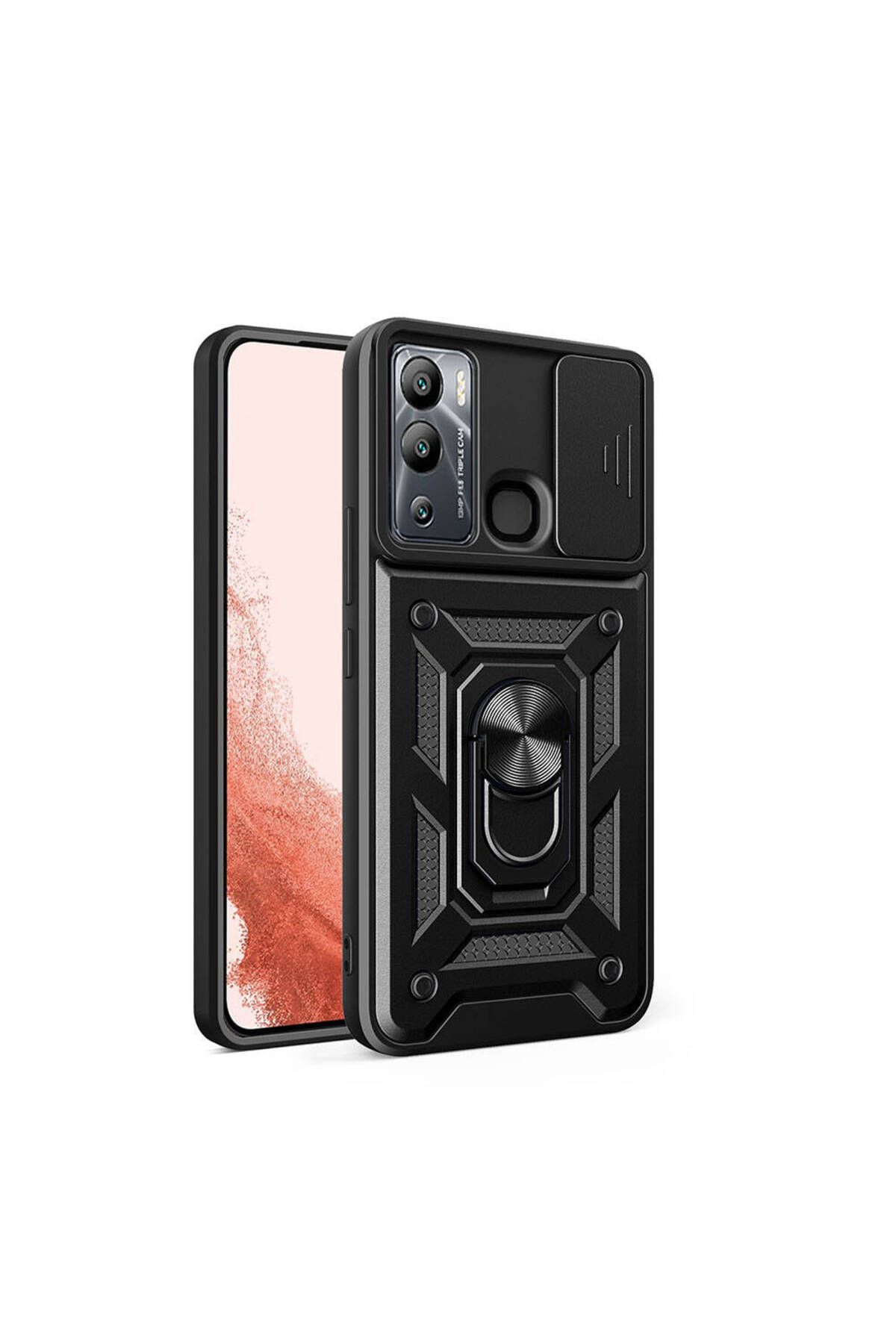 System Com İnfinix Hot 20i Kılıf Magnetik Standlı Kamera Korumalı SYS Sürgülü Vega Kapak - Siyah