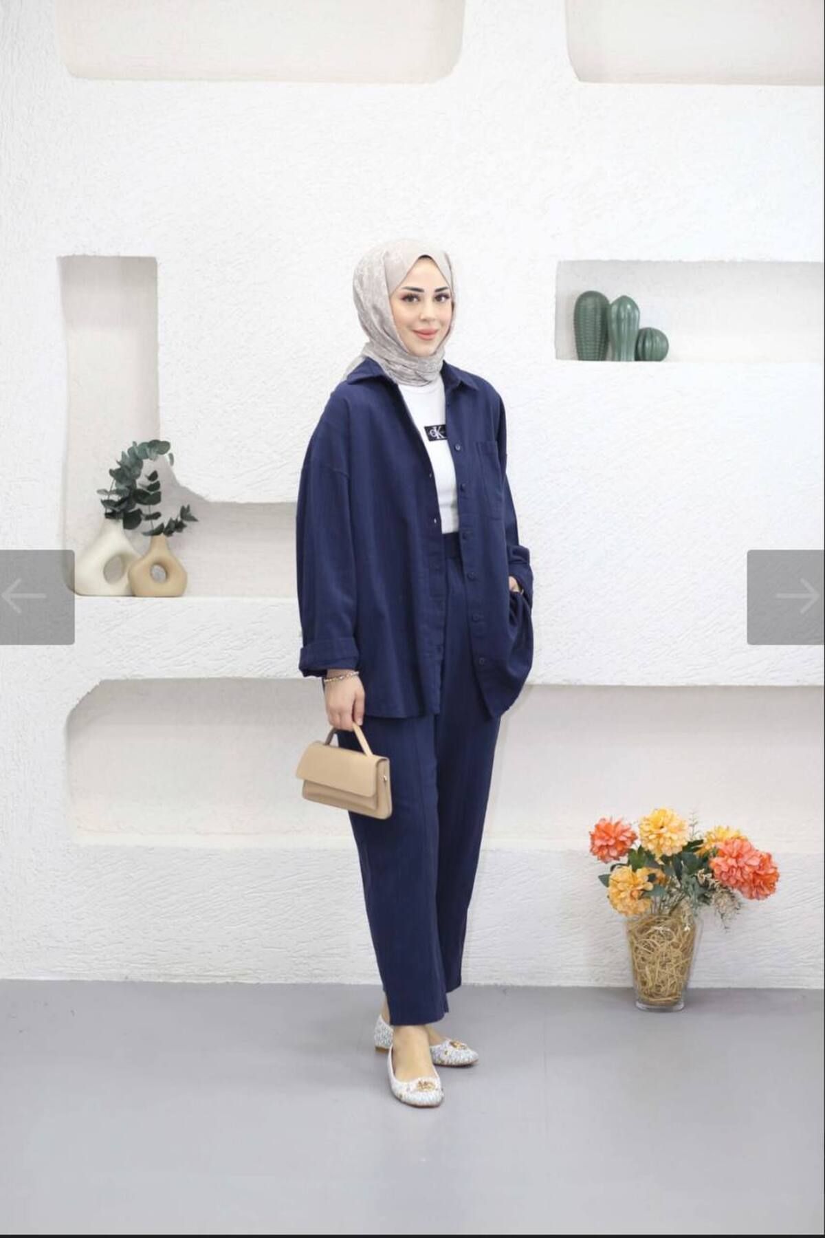 Suede Style 5697 - Şık Rahat Keten Gömlek-Pantolon Kadın Takım