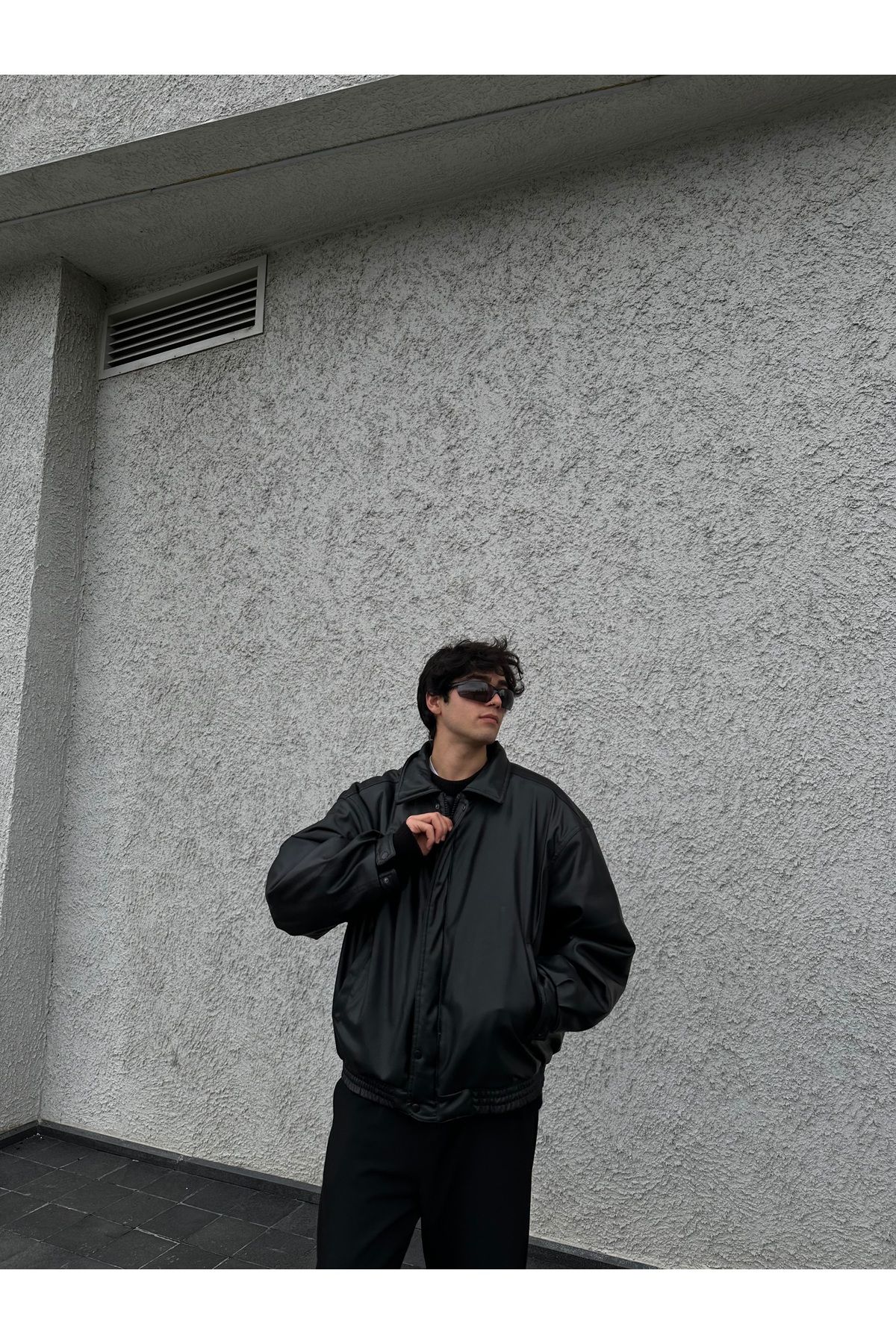 ATE WEAR Siyah Oversize Bomber Deri Ceket