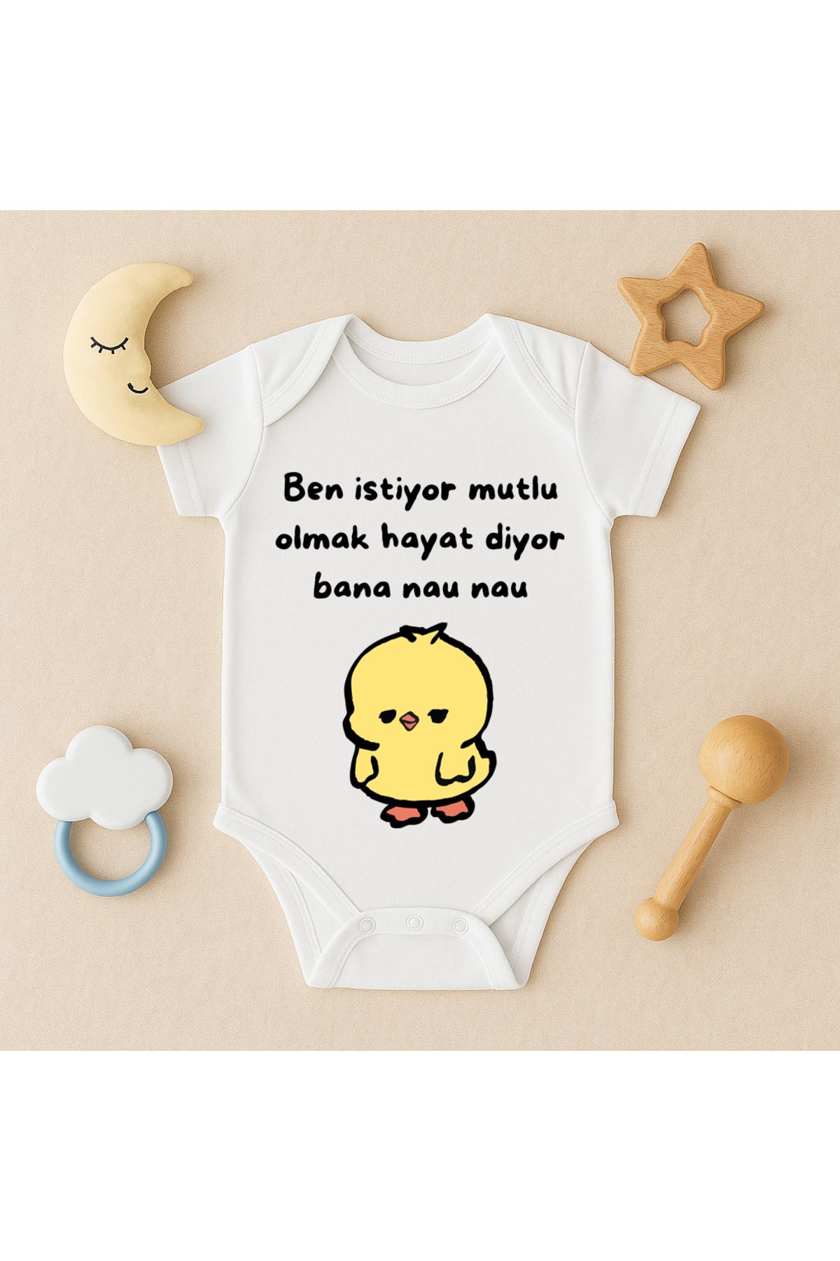 Magic Bravo %100 Pamuk Ben İstiyor Mutlu Olmak Baskılı Beyaz Bebek Çıtçıtlı Badi Zıbın Body
