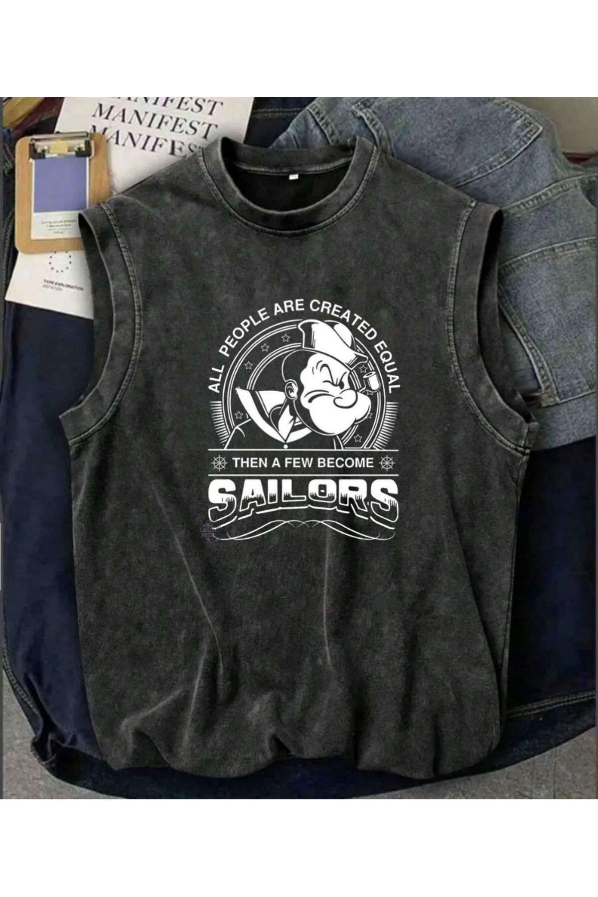 Touz Moda Holiday Line Sailor Atlet Bisiklet Yaka Yıkamalı Vintage Unisex Oversize T-Shirt