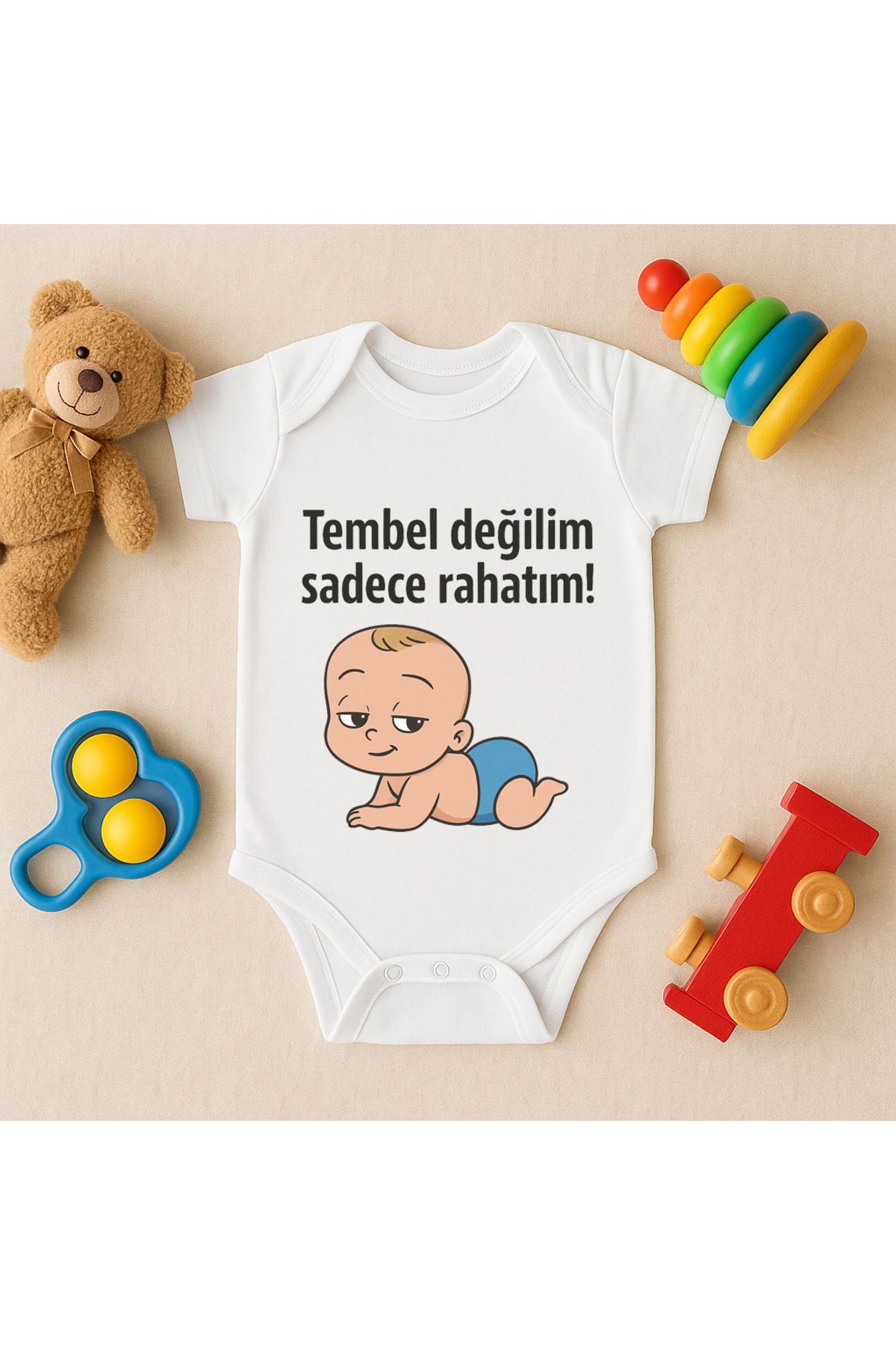 Magic Bravo %100 Pamuk Tembel Değilim Sadece Rahatım Baskılı Beyaz Bebek Çıtçıtlı Badi Zıbın Body