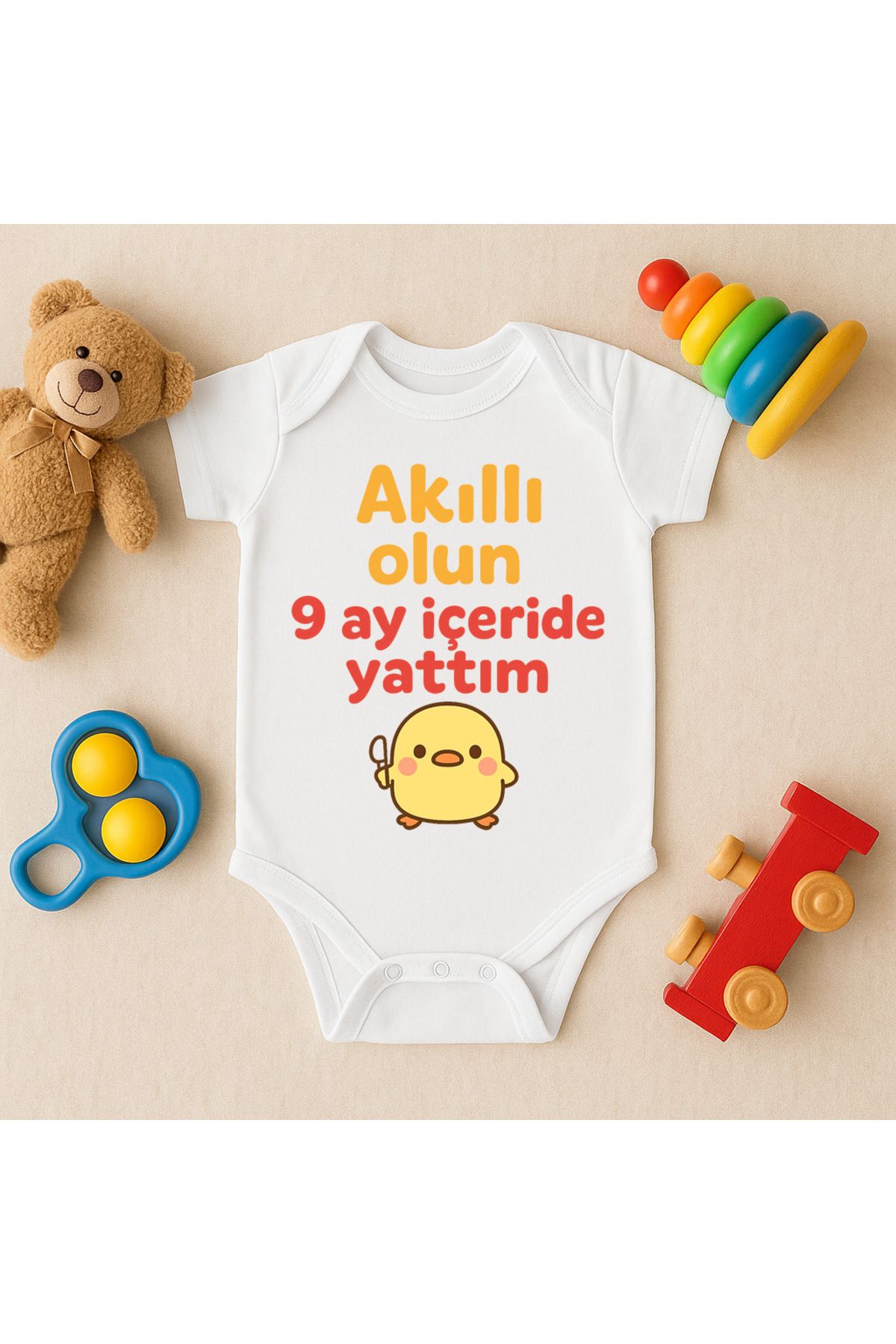 Magic Bravo %100 Pamuk 9 Ay İçerde Yattım Baskılı Beyaz Bebek Çıtçıtlı Badi Zıbın Body