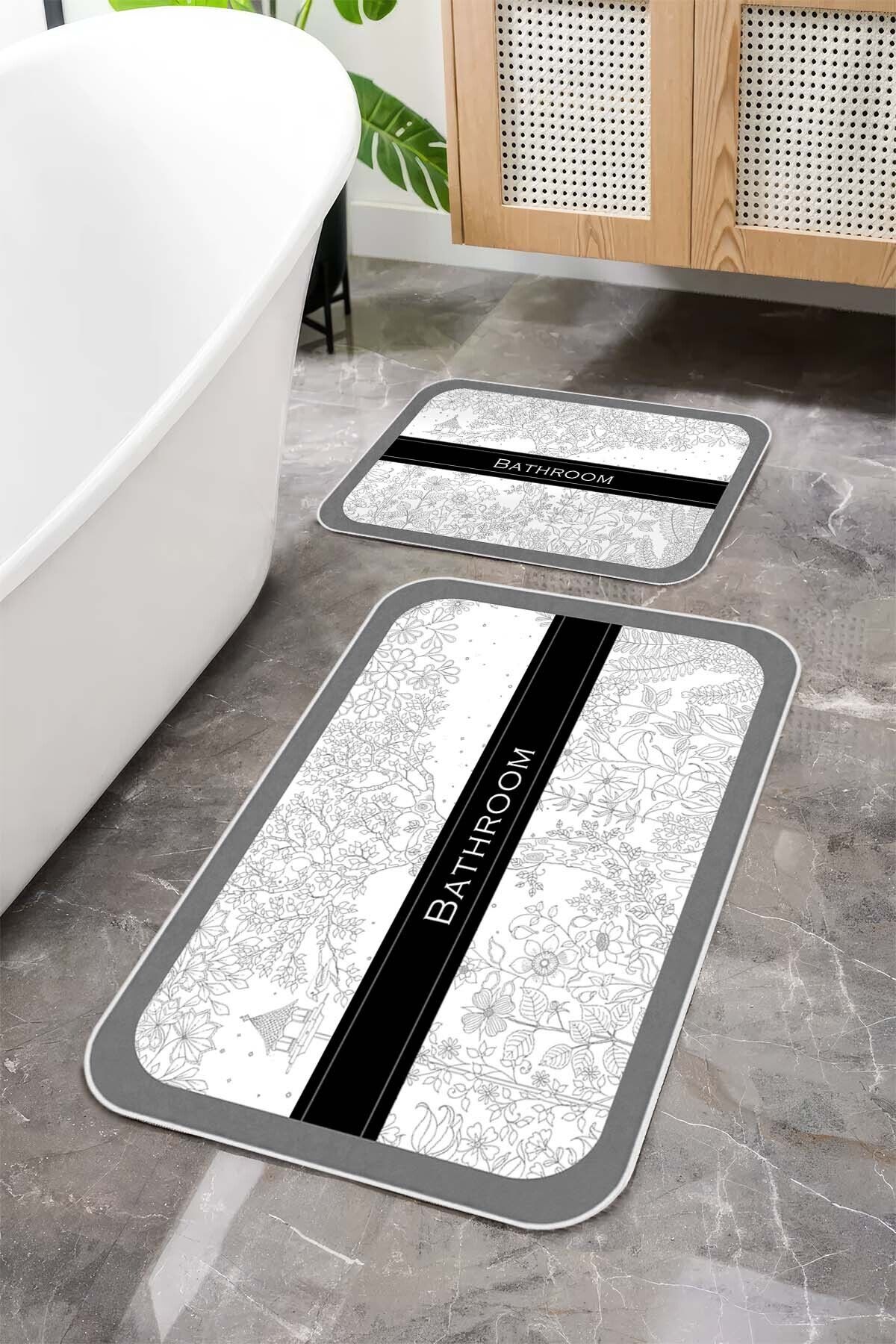 Argento Makinede Yıkanabilir Kaymaz Taban Modern Desenli Gri 2'li Banyo Paspas Takımı 60x90+40x60