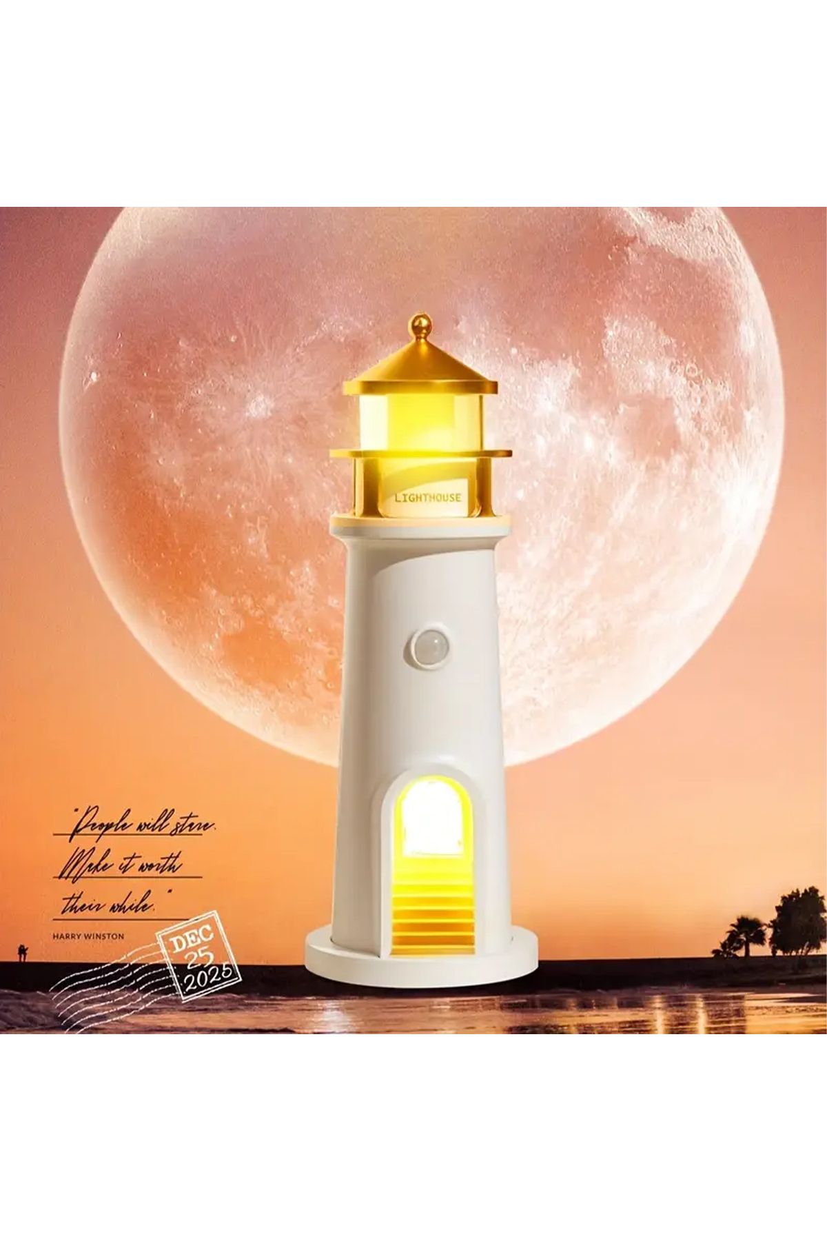 Happy Owl Deniz Feneri Gece Lambası Ay Yansıtmalı Hoparlörlü Şarj Edilebilir LED Estetik Masa Lambası