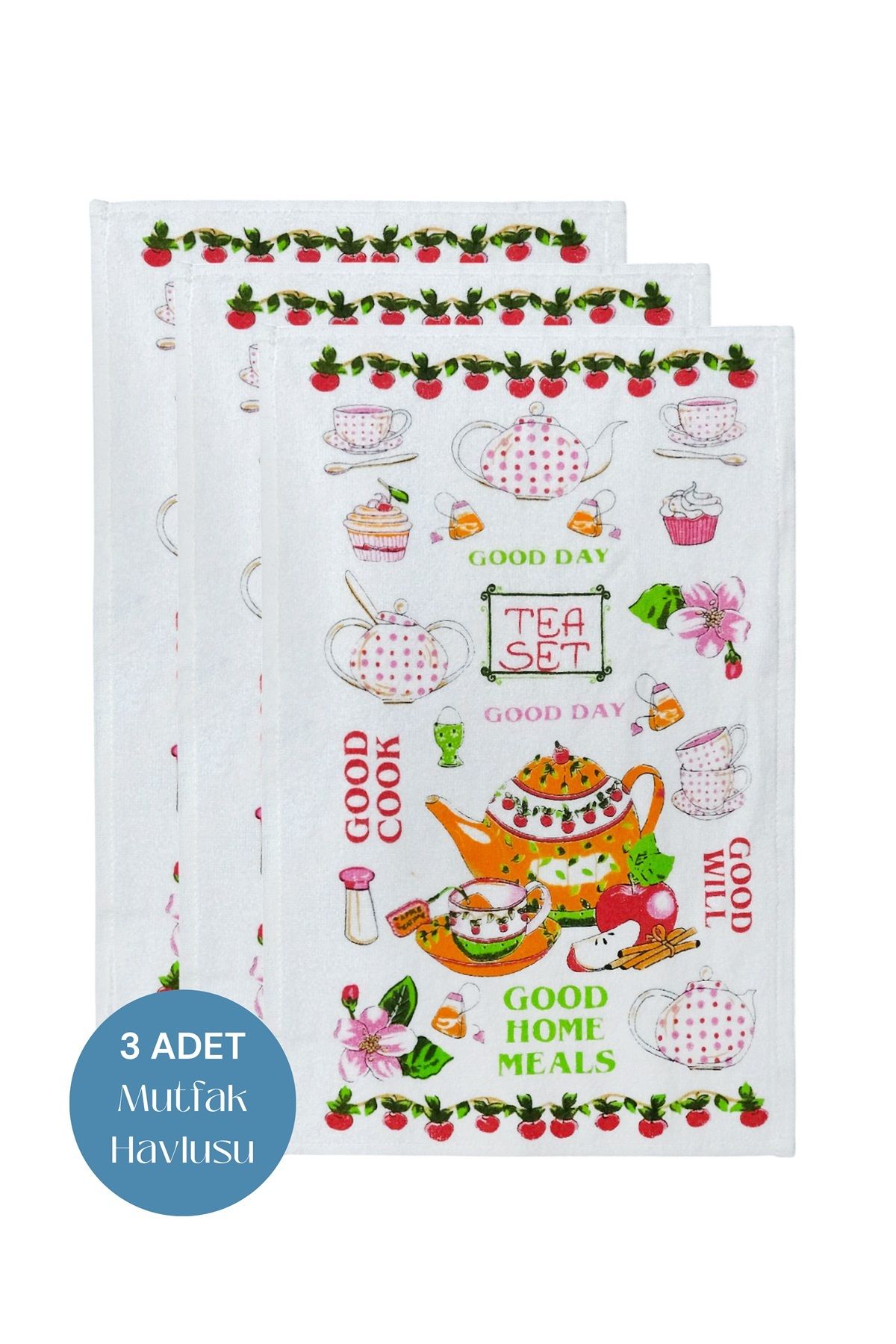 sevilya 3lü Paket Baskılı Beyaz Mutfak Havlusu Modeli