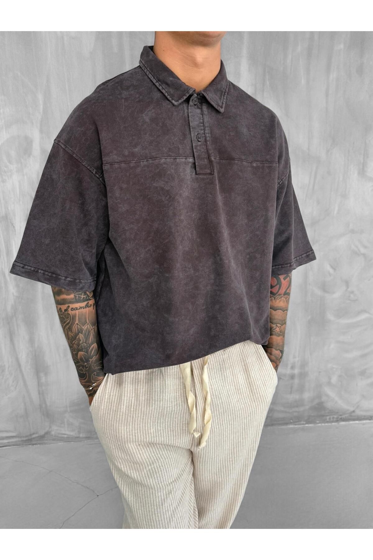 ablukaonline Erkek Polo Yaka Oversize Yıkamalı T-Shirt Kahve